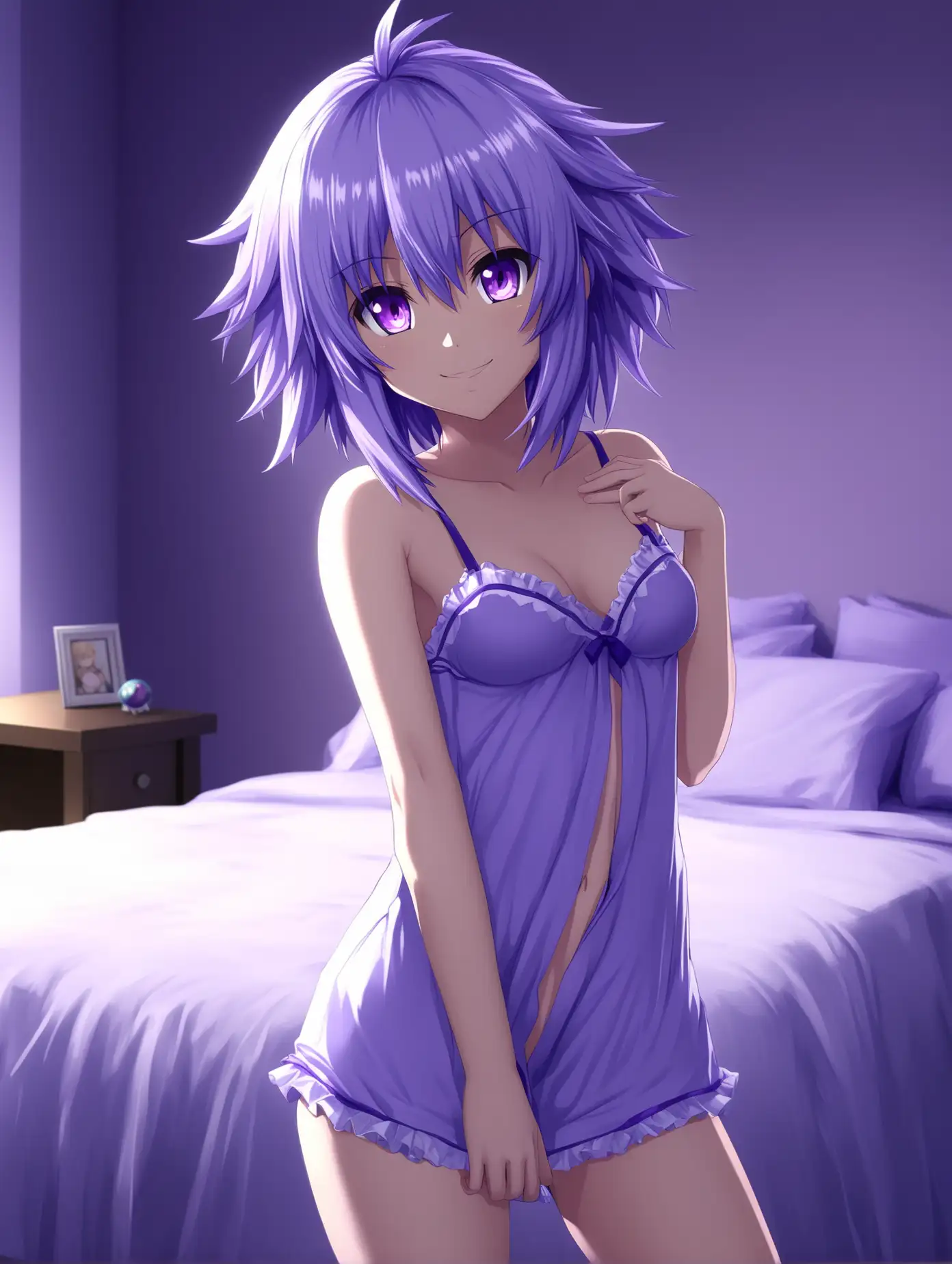 Draw a high quality picture of Neptune from Hyperdimension Neptunia, short lavender hair, purple eyes, beautiful, ambient lighting, long shot, seductive pose, indoors, bedroom, nightwear, smiling at the viewer