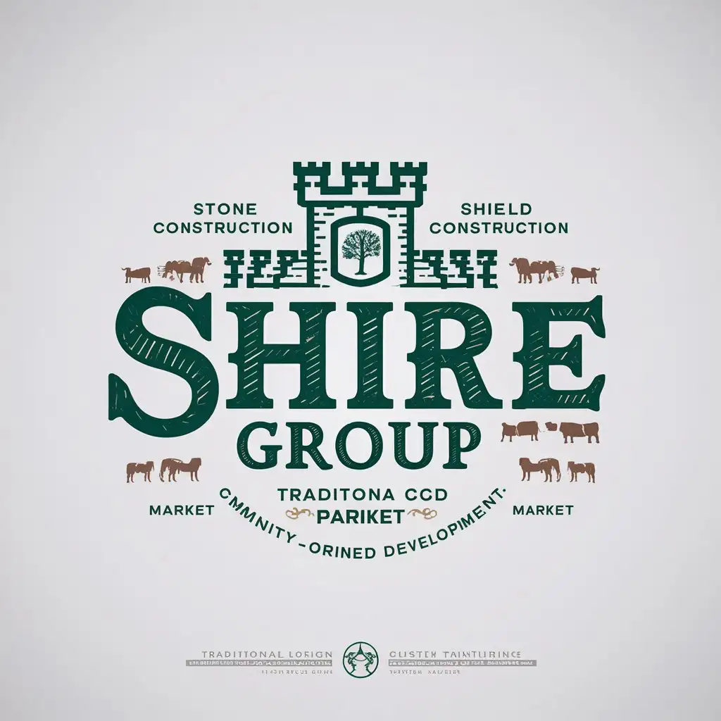 a logo design,with the text "Shire Group", main symbol: Create a logo for my company called "Shire Group". The style should be traditional, with a color palette that includes green. It could be only green or green with other colors. Shire Group is a construction and real estate development company specializing in traditional stone construction homes and development of agricultural neighborhoods. Our homes are natural, built in a traditional style, and connected to the outdoors, durable, and oriented to community interaction. The people who buy our homes value living in community, participating in the production of food, enjoy homesteading, appreciate historical architectural styles, and enjoy the outdoors. Many of the people interested in our homes are religious and appreciate the religious art in our neighborhoods. Some symbols that we connect with our brand: castle, tower, shield, tree, livestock, market, medieval or renaissance fonts and styles, fantasy fiction stories, hammer, chisel.,Moderate,be used in construction and real estate development company industry,clear background