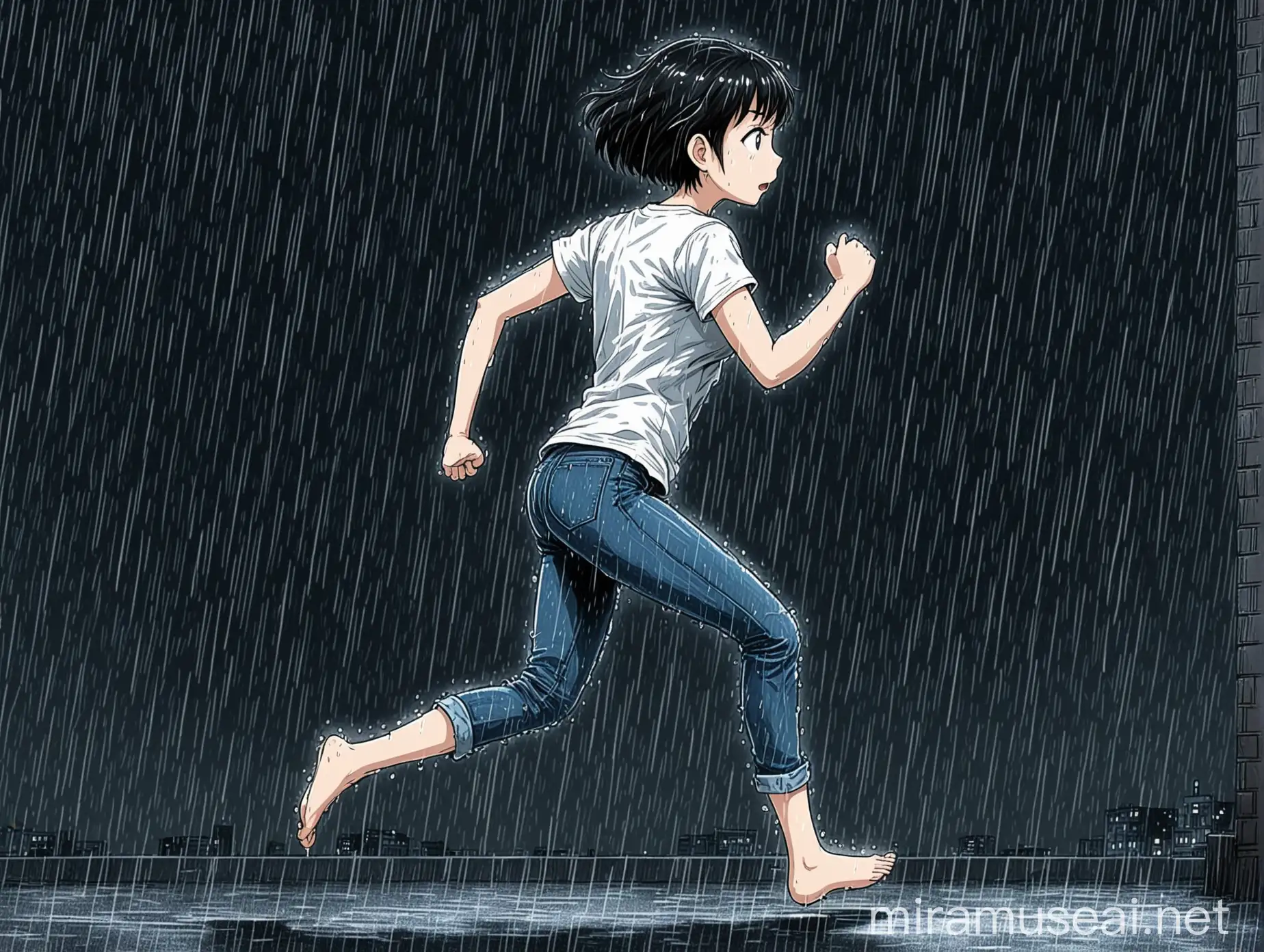Running girl, rainy night, full length shot, side view, pencil drawing, be black, cartoon and animation image, short hair, short sleeve t-shirt, jeans, bare feet, super anime