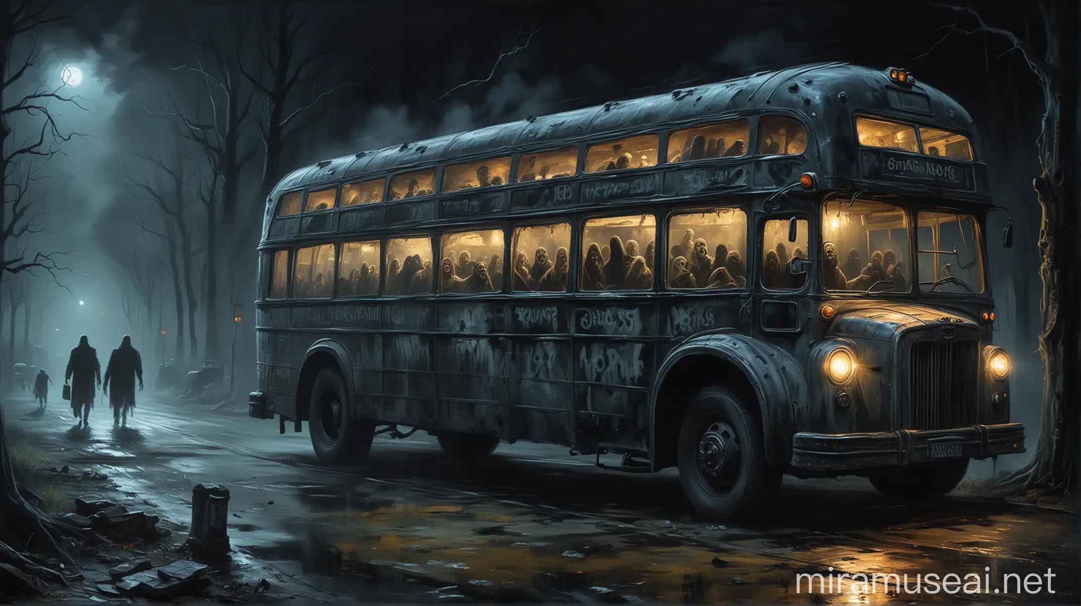 horror ghost bus in night with people , just oil paint 