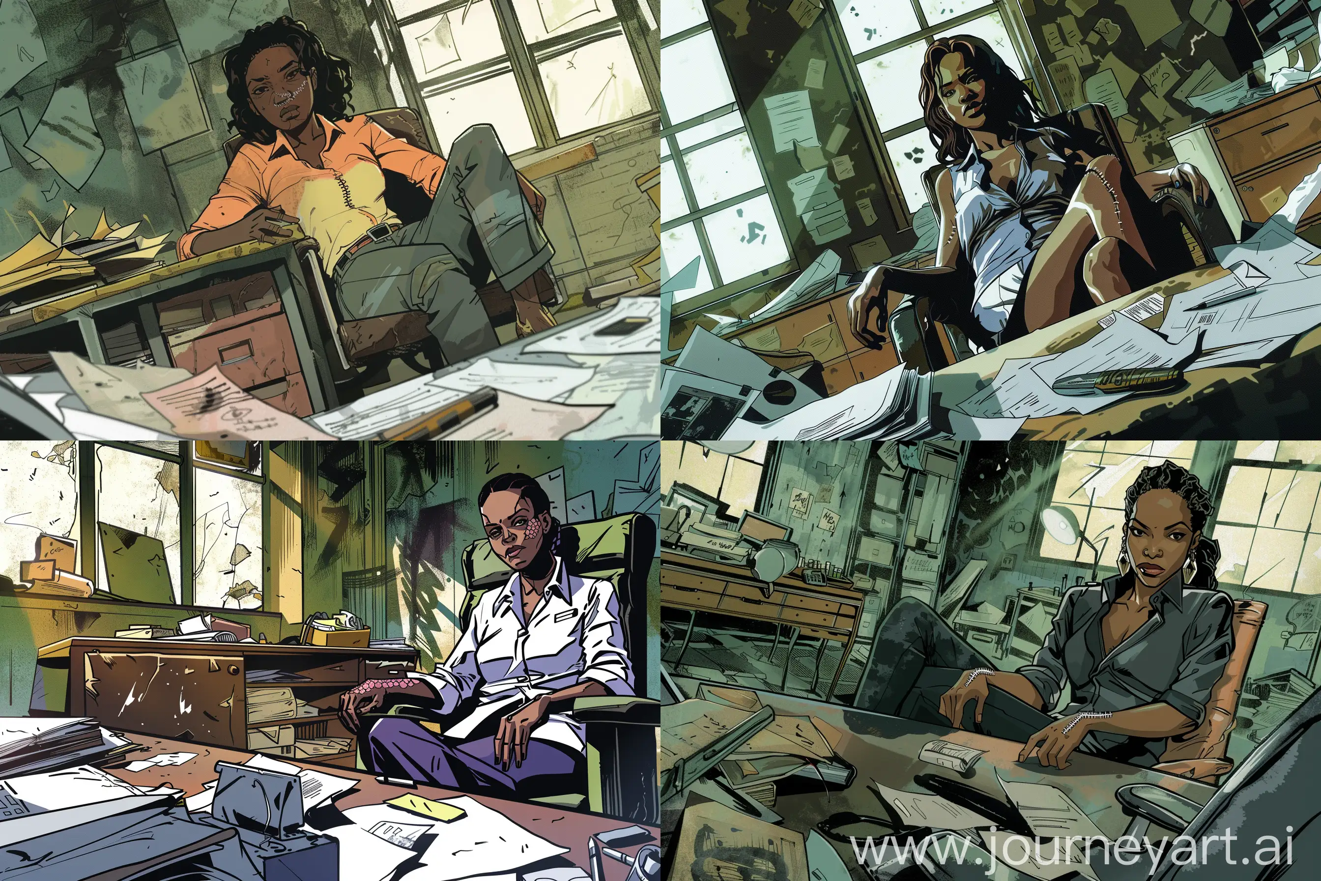 Resilient-Black-Businesswoman-in-Dilapidated-Office-Storytelling-Scene-with-Papers-and-Objects