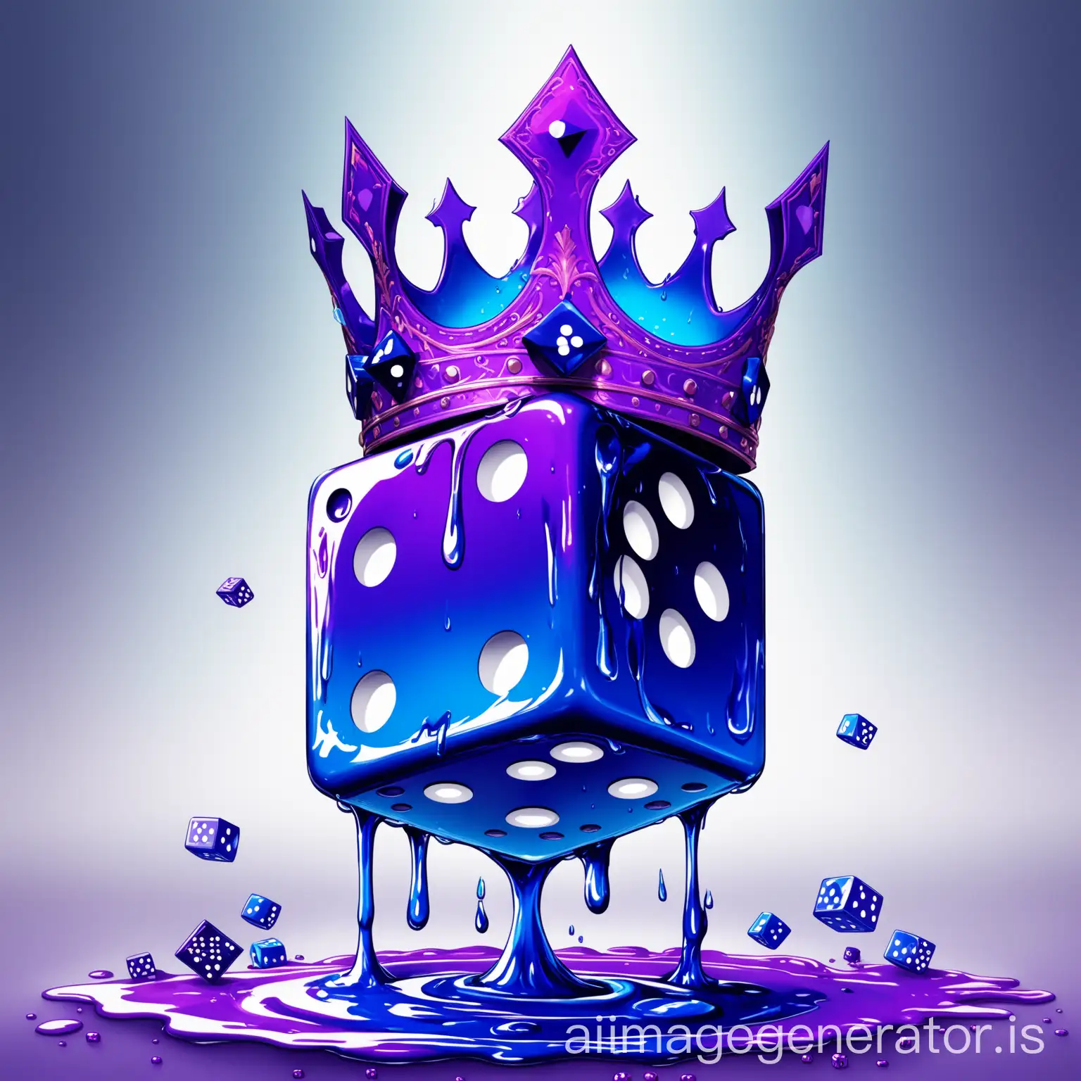 a dice with a blue and purple crown on its head and blue and purple liquid coming out of his eyes