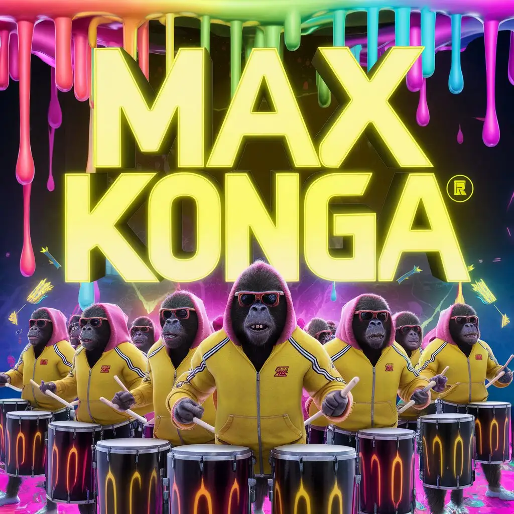 the words "MAX KONGA"  in a background in a BOLD mad max font style and colorful drippy slime with bright neon yellow colors and conga drums. gorilla people faces wearing sunglasses and yellow tracksuits with hoodies. 
