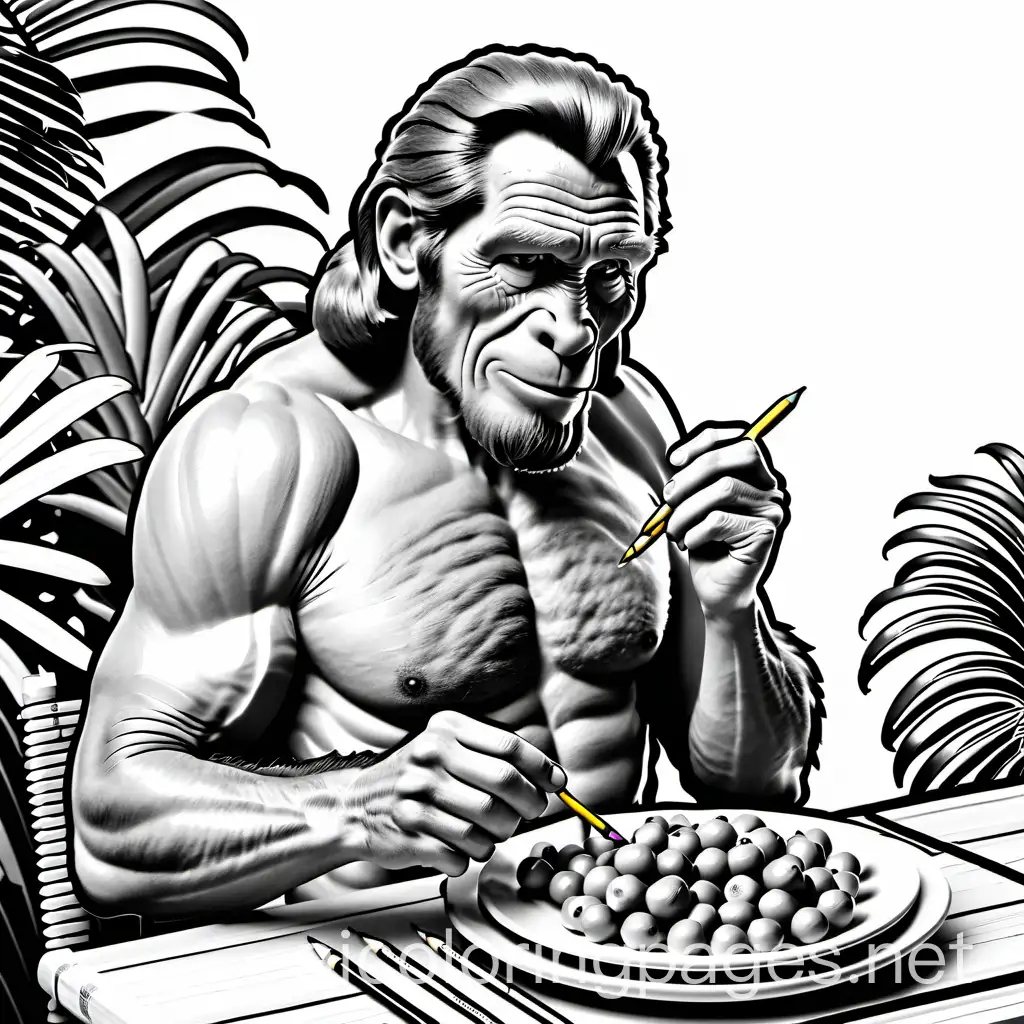 tarzan de anciano comiendo bananas 
para colorear con lapices 
, Coloring Page, black and white, line art, white background, Simplicity, Ample White Space. The background of the coloring page is plain white to make it easy for young children to color within the lines. The outlines of all the subjects are easy to distinguish, making it simple for kids to color without too much difficulty