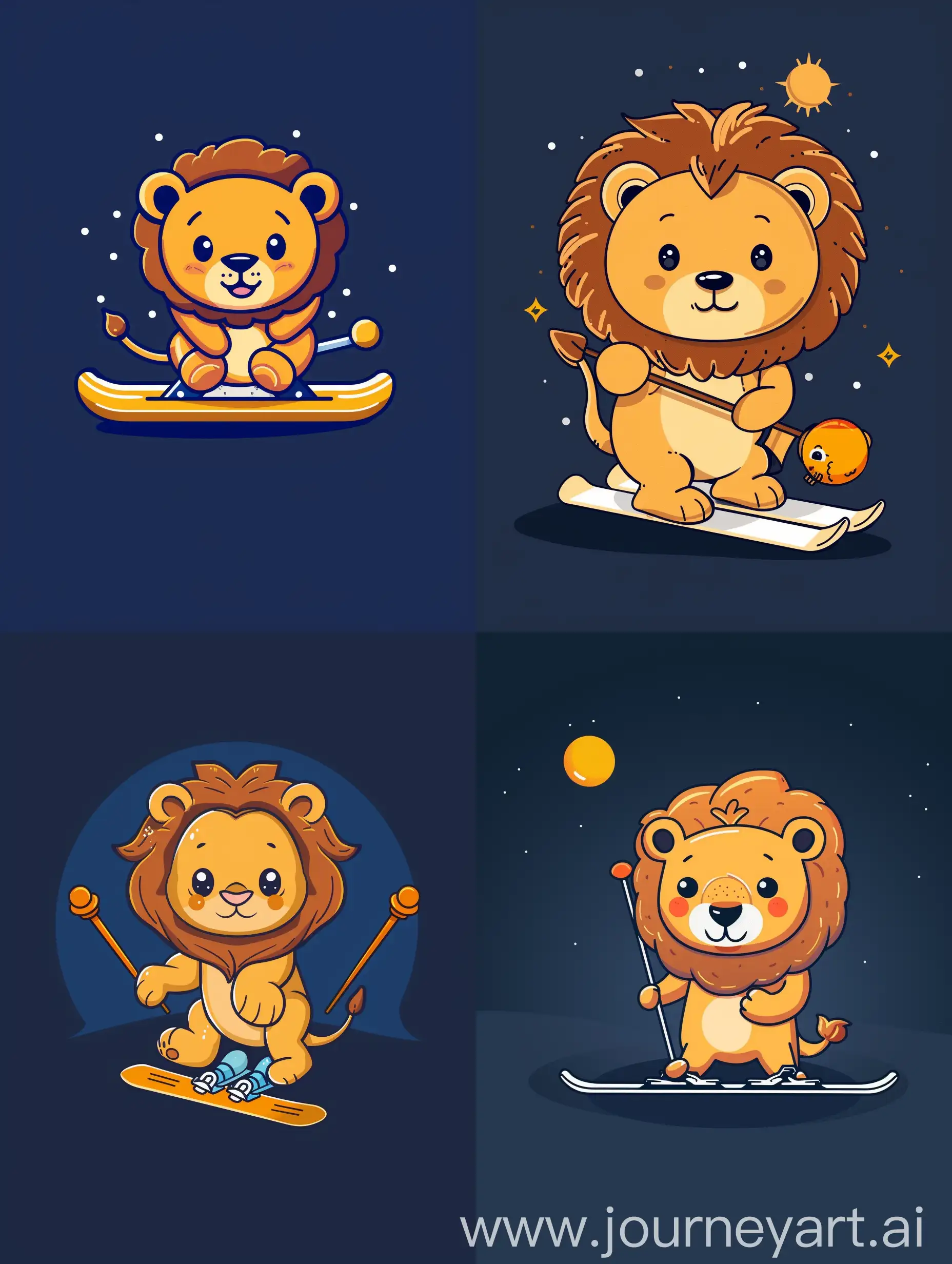 thin line style chibi cute lion playing ski, with solid dark blue background, small object and center concentrated image, far view point