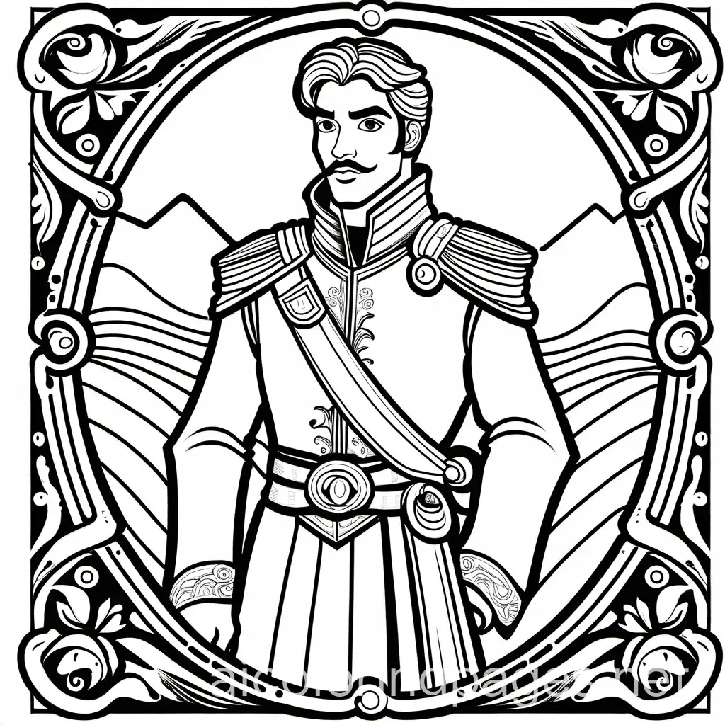 Prince Ronan, Coloring Page, black and white, line art, white background, Simplicity, Ample White Space. The background of the coloring page is plain white to make it easy for young children to color within the lines. The outlines of all the subjects are easy to distinguish, making it simple for kids to color without too much difficulty