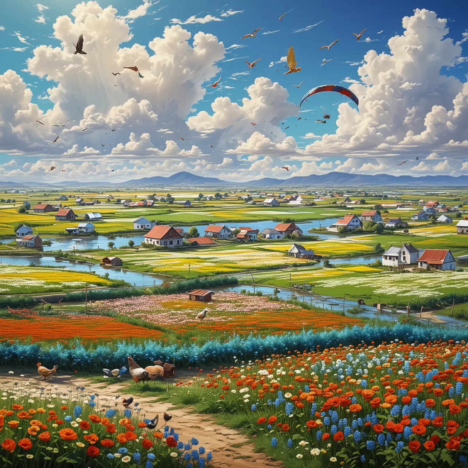 Picturesque-Flower-Field-with-Homes-Poultry-and-Flying-Kites