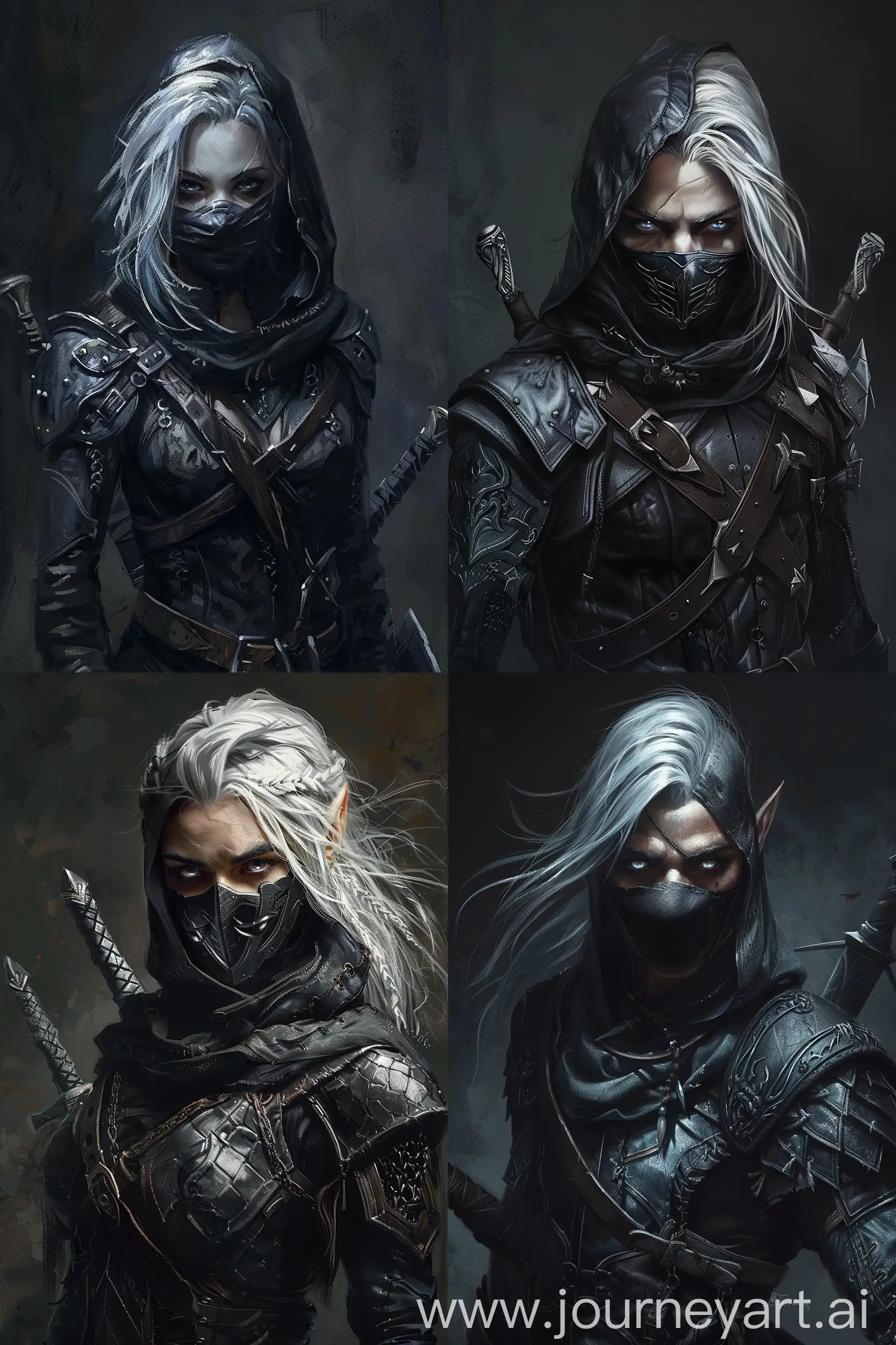 A detailed portrait of a Drow rogue, silver hair, silver eyes, wearing black leather armor with a hood and mask. Holding two daggers. Dark, mysterious background with shadows. Dramatic lighting highlighting the character's silver features. Created Using: fine detail brushes, low key lighting, dark fantasy art style, digital painting, sharp contrast, deep shadows, high resolution, natural look --ar 2:3 --v 6.0
