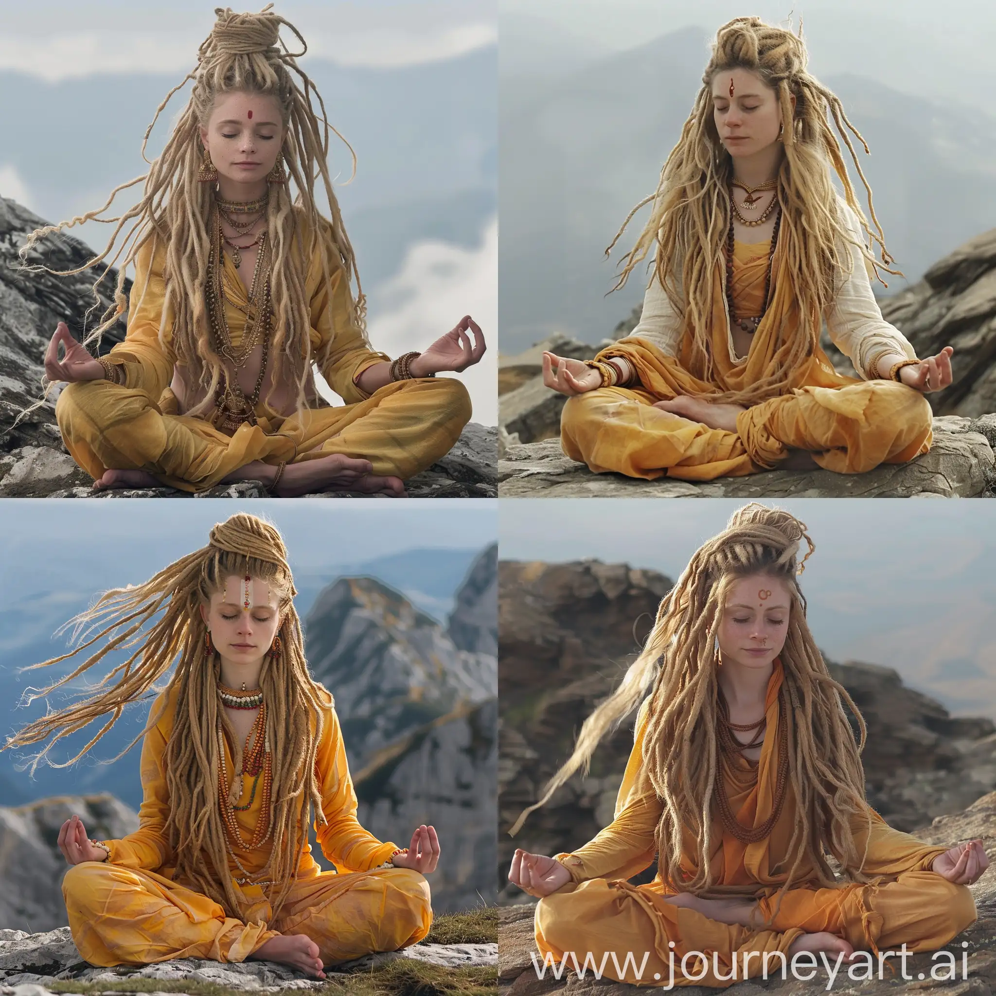 Shakti yogini meditating. She has long blonde dreadlocks and wears zaffron clothes. She is in top of a mountain