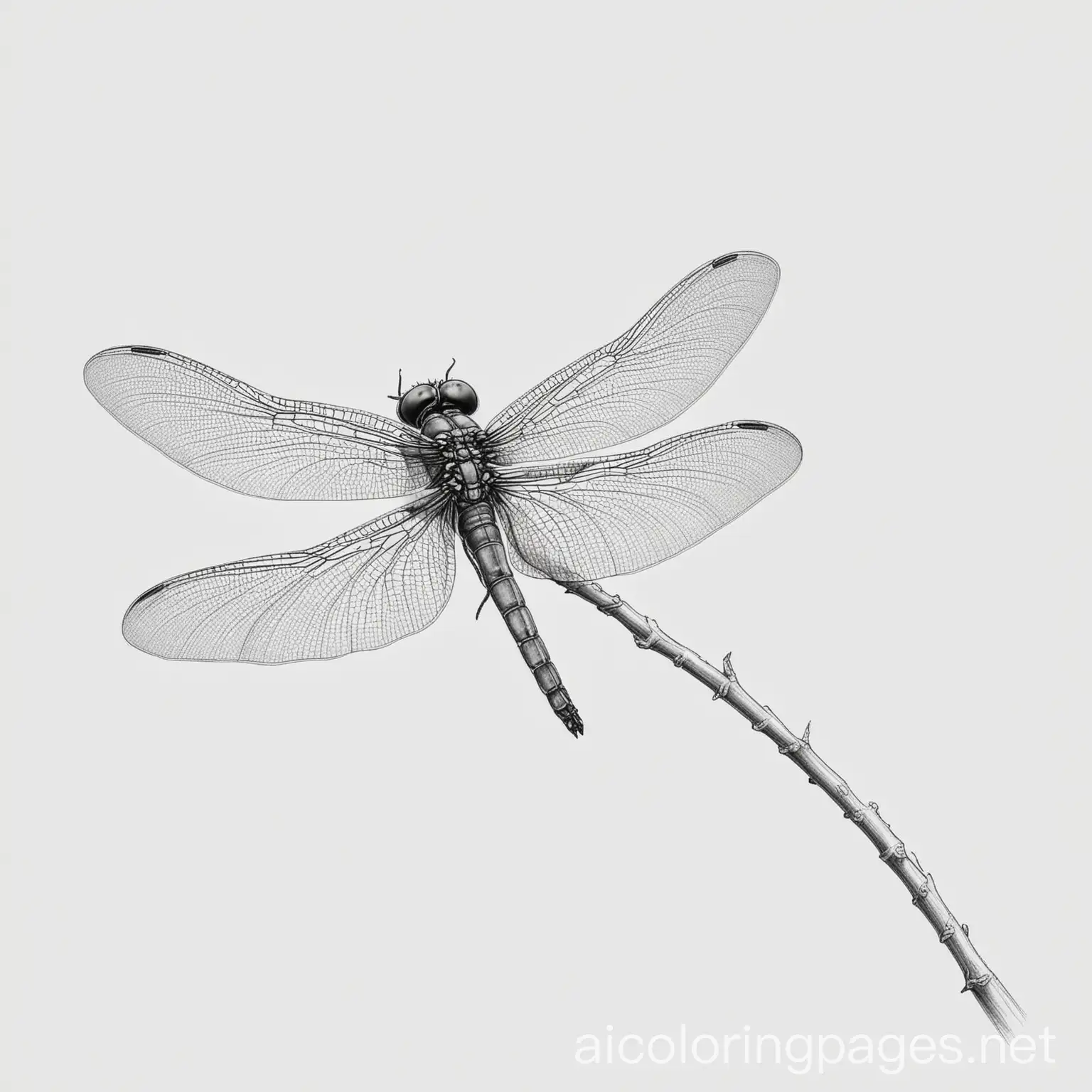 a dragonfly, Coloring Page, black and white, line art, white background, Simplicity, Ample White Space. The background of the coloring page is plain white to make it easy for young children to color within the lines. The outlines of all the subjects are easy to distinguish, making it simple for kids to color without too much difficulty
