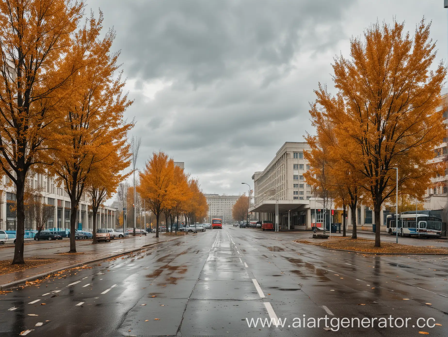 Soviet buildings street, trees. bus station, asphalt, autumn day cloudy