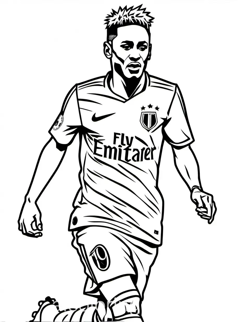 Neymar football, Coloring Page, black and white, line art, white background, Simplicity, Ample White Space. The background of the coloring page is plain white to make it easy for young children to color within the lines. The outlines of all the subjects are easy to distinguish, making it simple for kids to color without too much difficulty