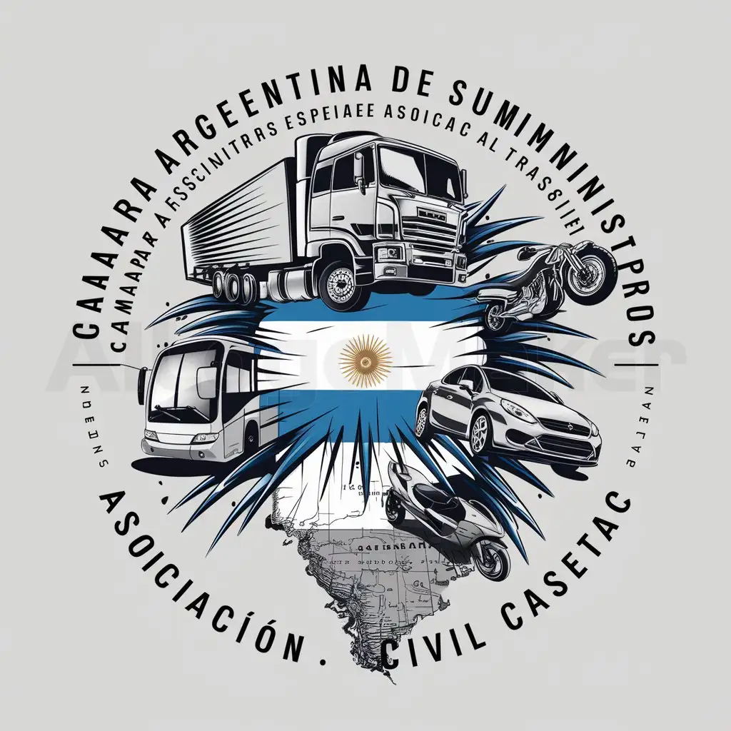 a logo design,with the text "Camara Argentina de Suministros especiales al Transporte Asociacion Civil CASETAC", main symbol:a truck a bus a motorcycle and a car above an argentine flag and the map of argentina,complex,be used in Automotive industry,clear background