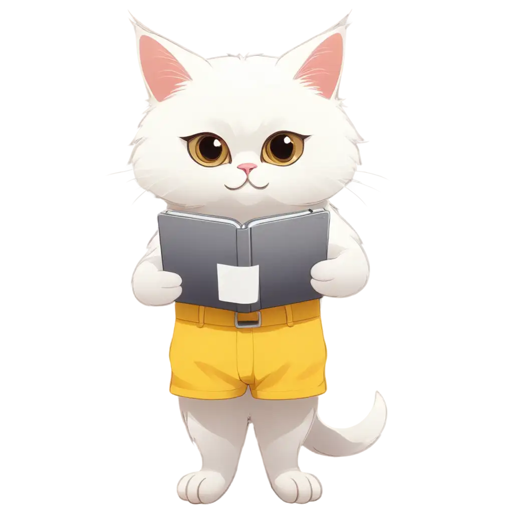 2d storybook Comic cartoon character of a white persian kitten wearing yellow diaper, standing, holding a simplified square gray tablet while typing with it.,clear line,