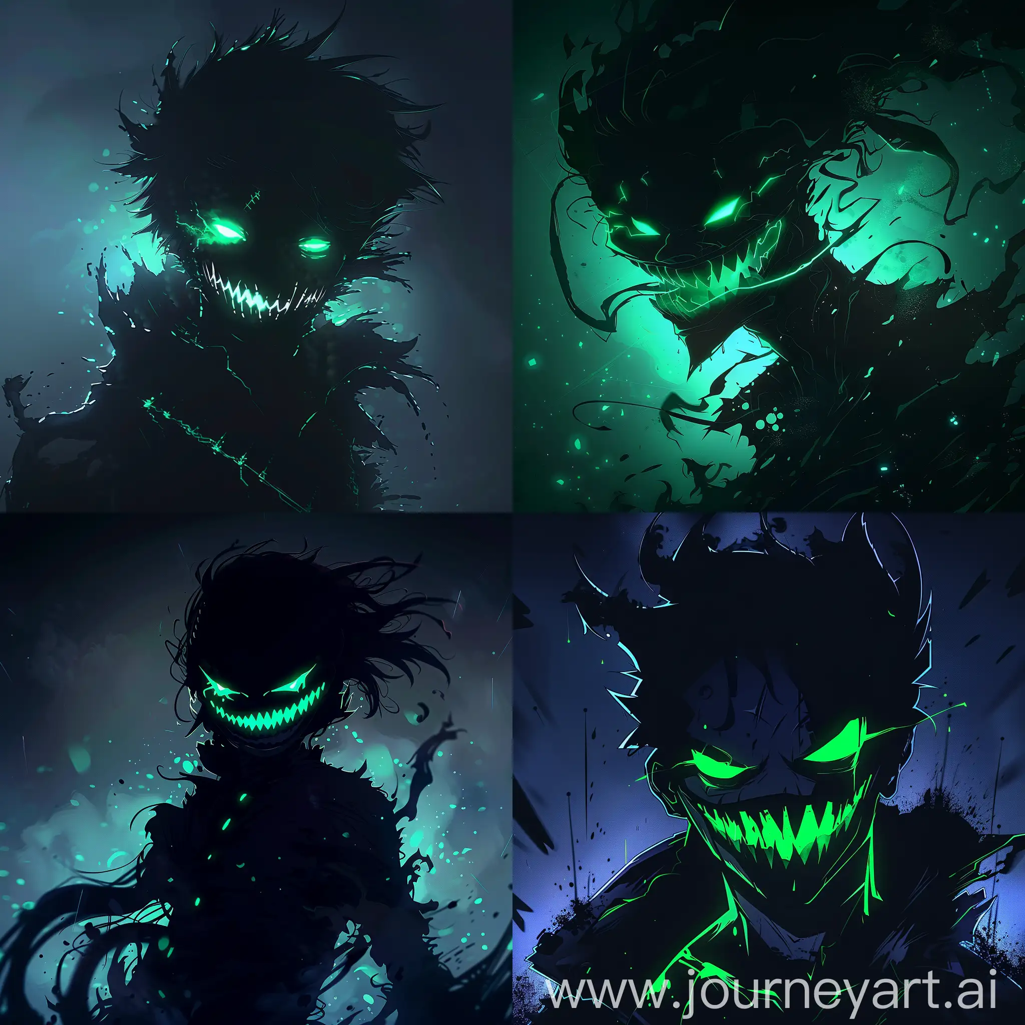 Dark anime villain end battle dark silhouette, limbo style, glowing green eyes and smile, glitch effect, brazilian phonk music artwork, hype, energetic, -