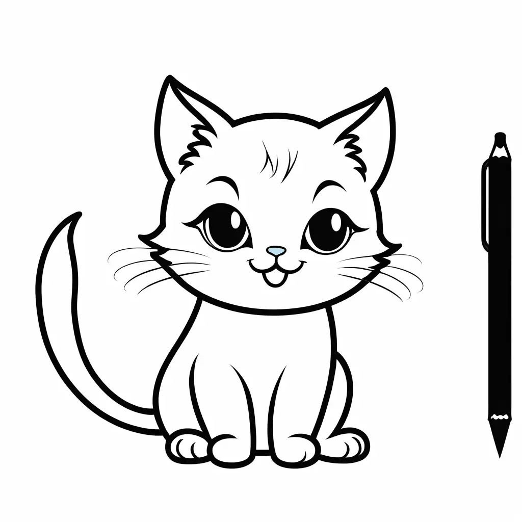 Create a friendly and chubby kitten character with a smiling face, outline art, colouring page outline page with white, white background, sketch style, full body, only use outline, cartoon style, clean and clear with beautiful eyes. Ensure is design minimalistic for easy colouring. The goal is to make it appealing and approachable for children aged 2-4 in the middle of their artistic journey, make it black and white., Coloring Page, black and white, line art, white background, Simplicity, Ample White Space.