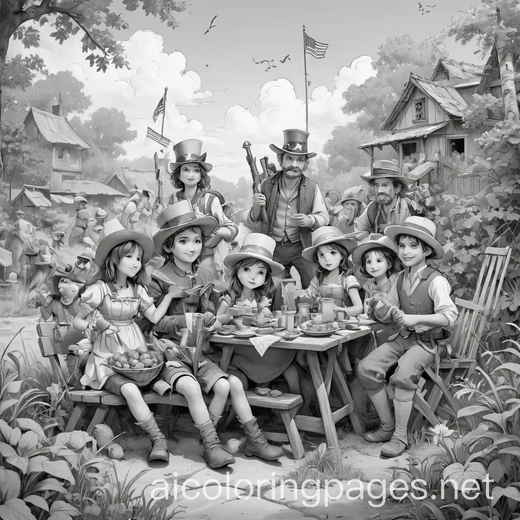 Summer-4th-of-July-Picnic-Coloring-Page-Friends-and-Family-Celebrating-JeanBaptiste-Monge-Style