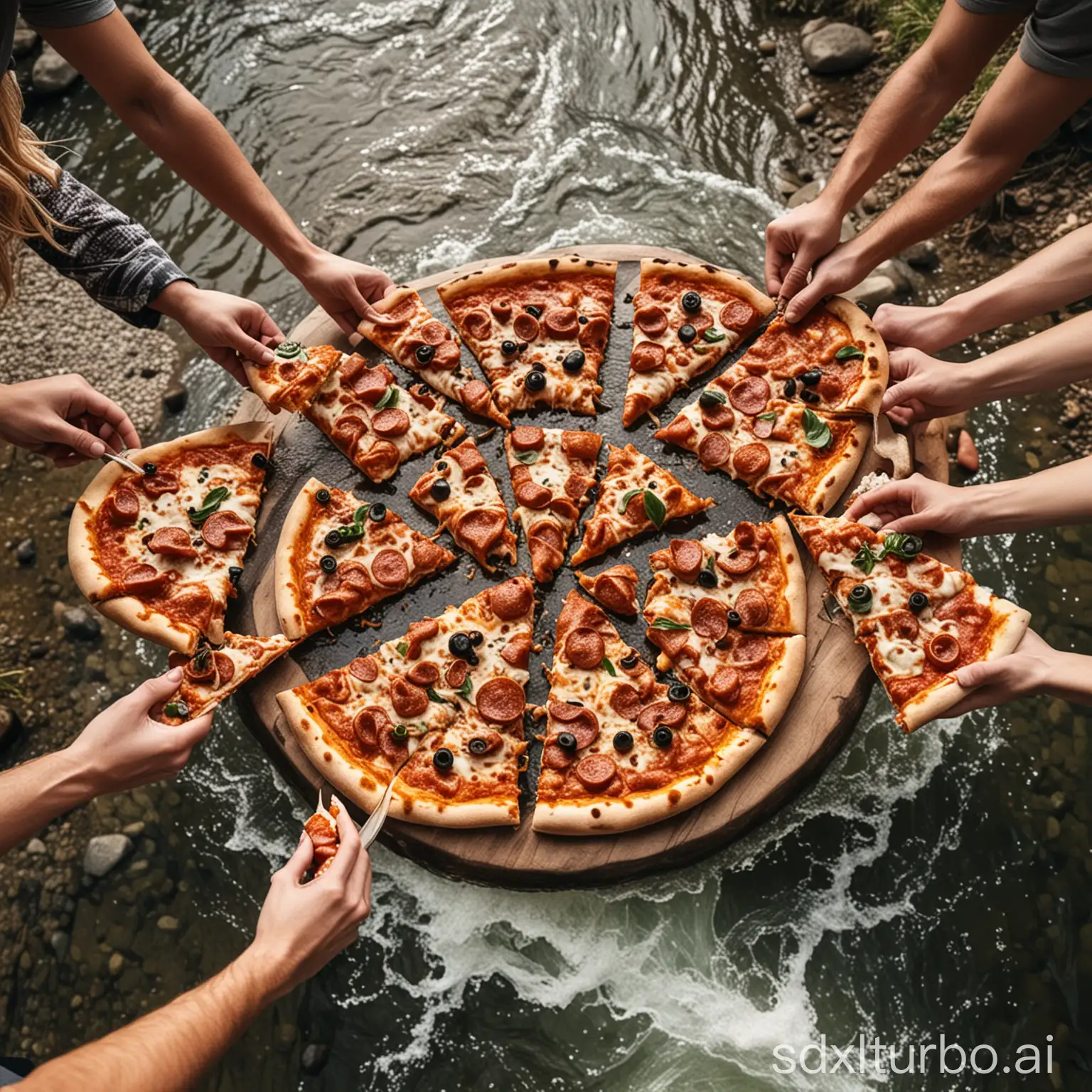 a ultra HD photo from a group of people eating pizza at a river
