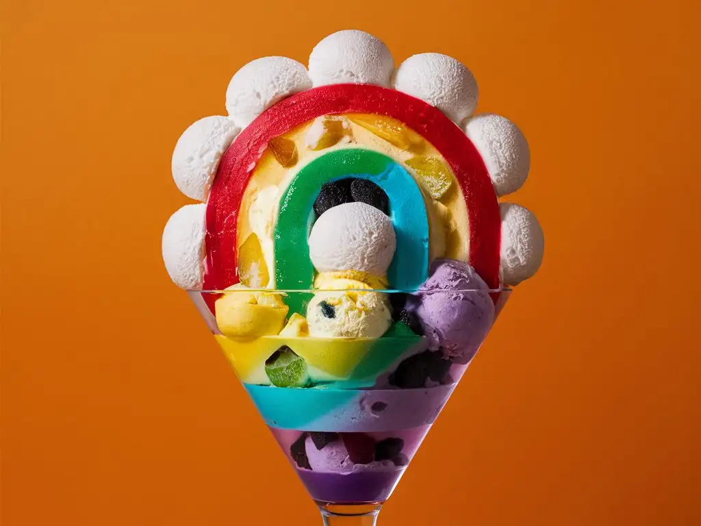 这款冰淇淋外观五彩斑斓，像一道绚烂的彩虹落在杯中。多层次的透明果冻中夹杂着各色水果颗粒，顶部堆砌着绵密的白色冰淇淋，每一层色彩都清晰可辨，宛如艺术品般吸引眼球。