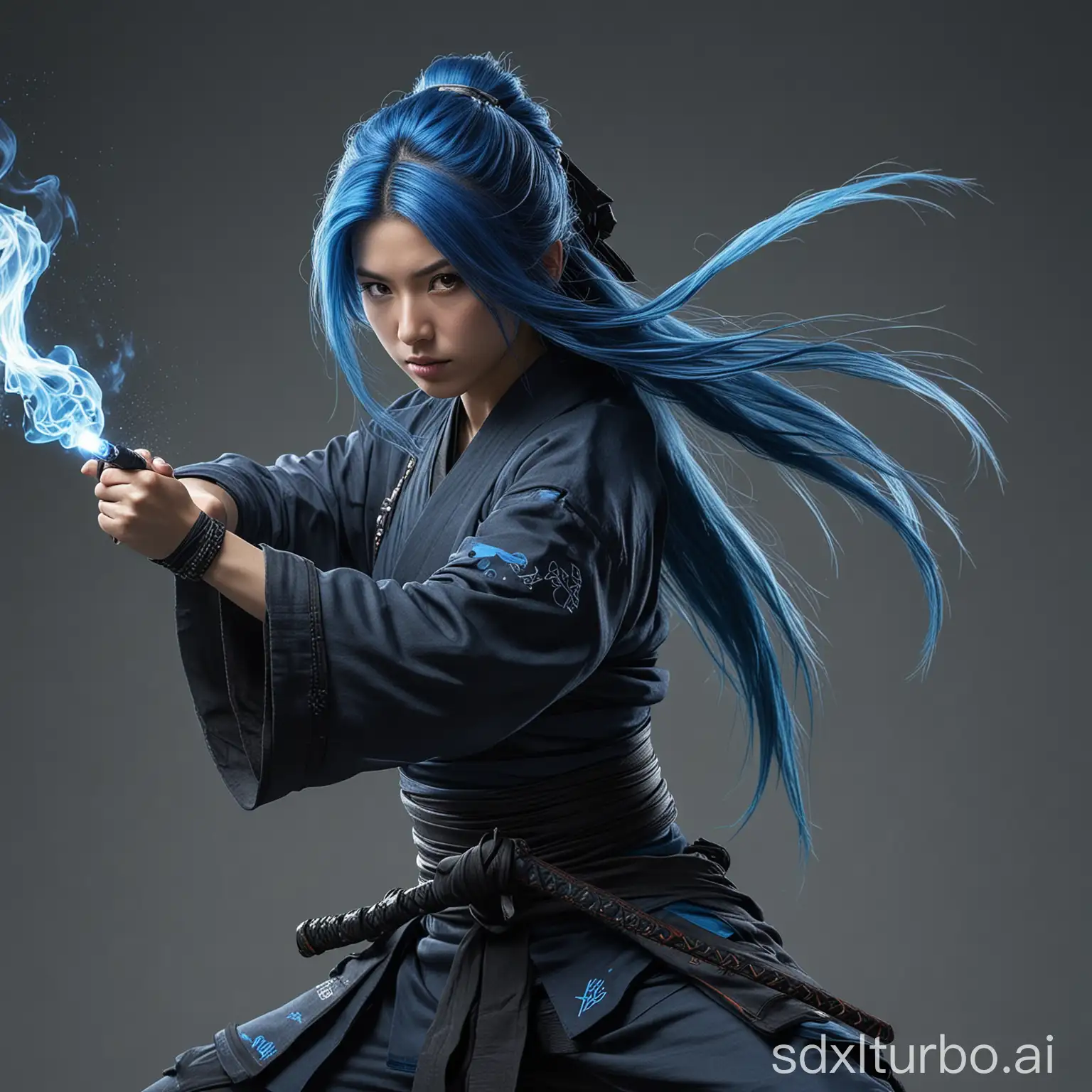 a Japanese ninja girl, long blue fire hair, high quality, high resolution, high precision, realism, color correction, proper lighting settings, harmonious composition