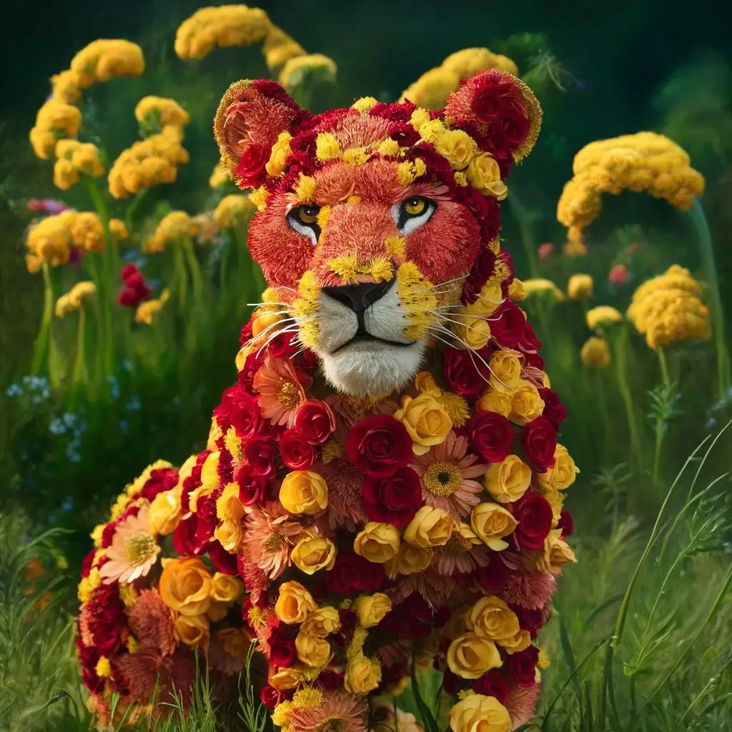 A majestic lioness made entirely of blooming flowers. 