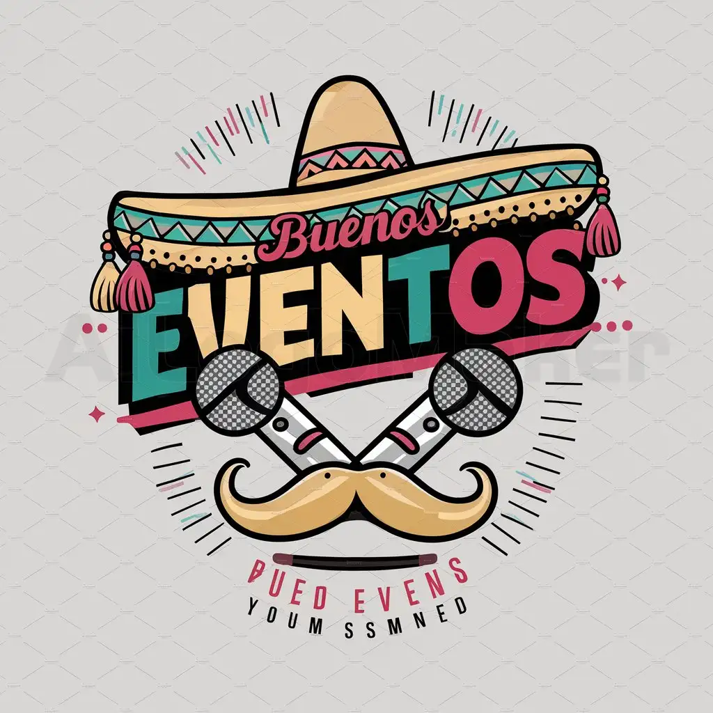 a logo design,with the text "Buenos Eventos", main symbol:mexican hat, two crossed microphones, mustache, in Mexican style and colors,Moderate,be used in Events industry,clear background