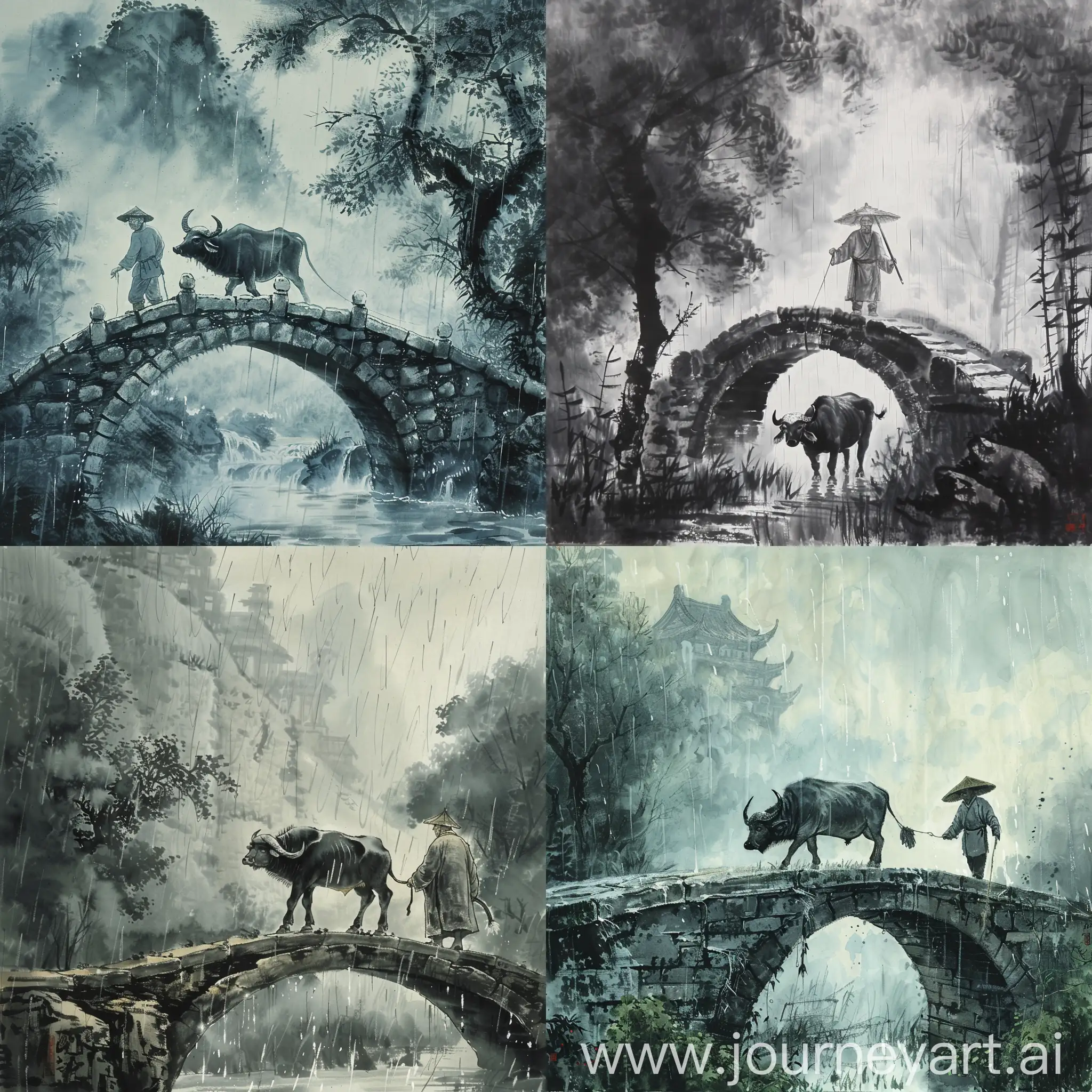 中国水墨画，老农牵着水牛过古老的石桥，在烟雨朦胧中