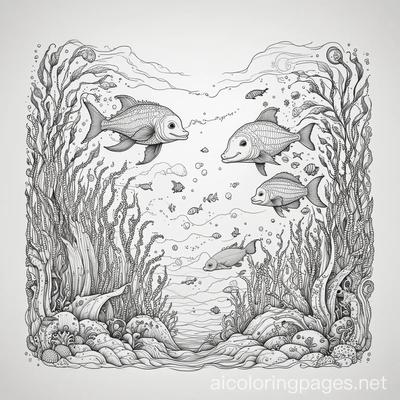 mystical sea animals, Coloring Page, black and white, line art, white background, Simplicity, Ample White Space. The background of the coloring page is plain white to make it easy for young children to color within the lines. The outlines of all the subjects are easy to distinguish, making it simple for kids to color without too much difficulty