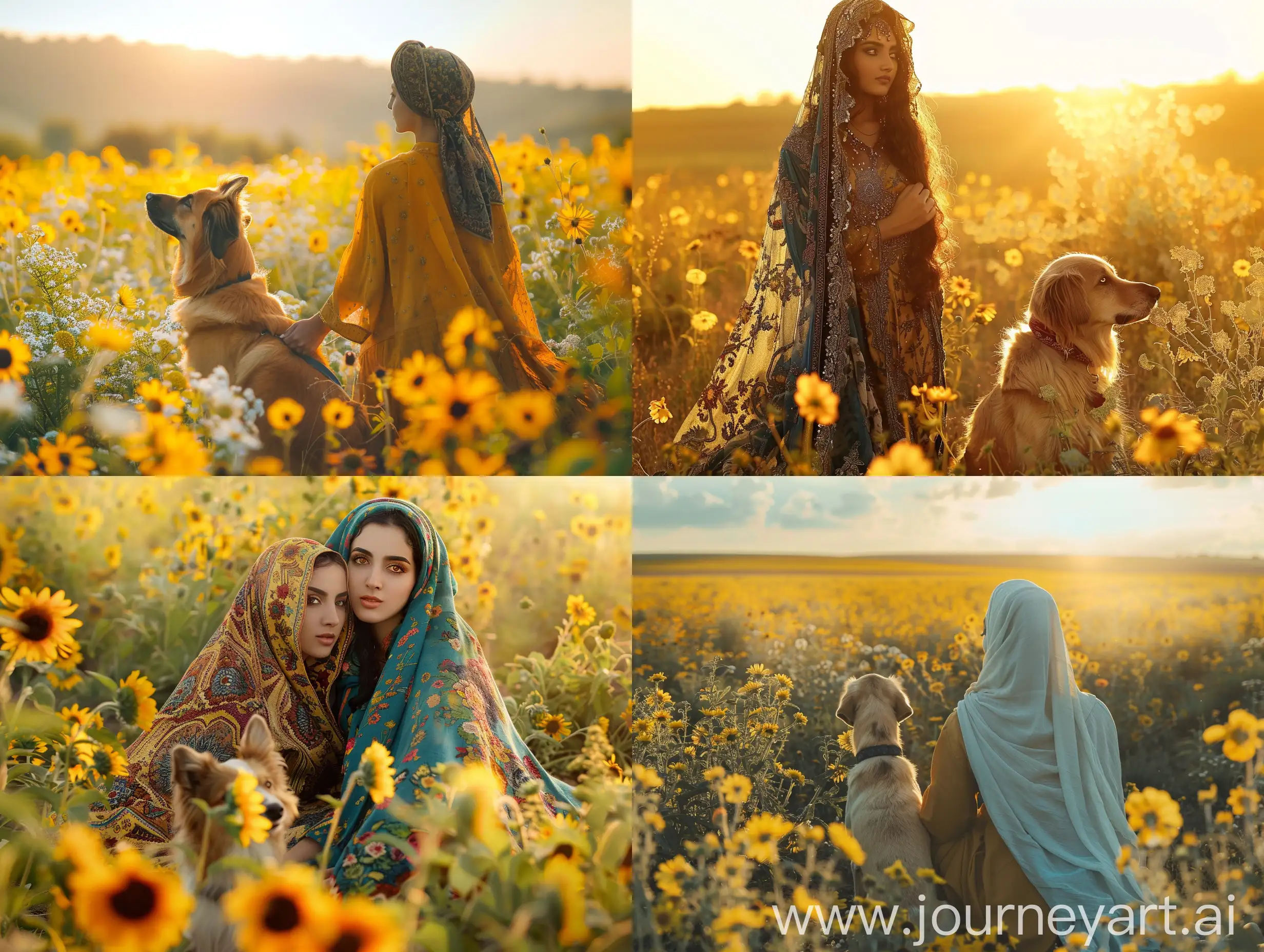 Persian-Woman-Enjoying-Sunshine-with-Dog-in-Sunflower-Field