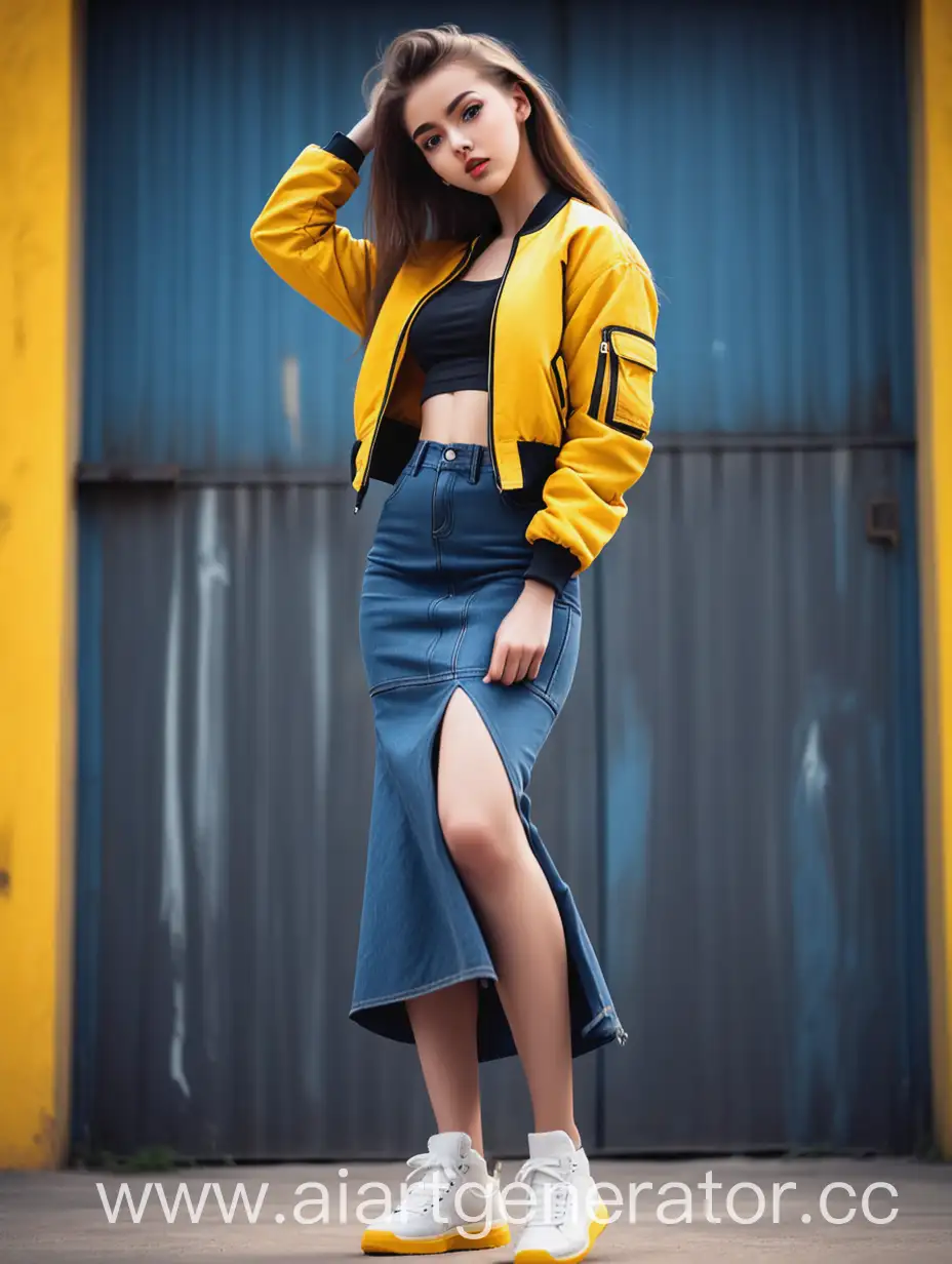 Dynamic-Pose-of-Girl-in-Yellow-Top-and-Denim-Skirt-with-Unique-Background