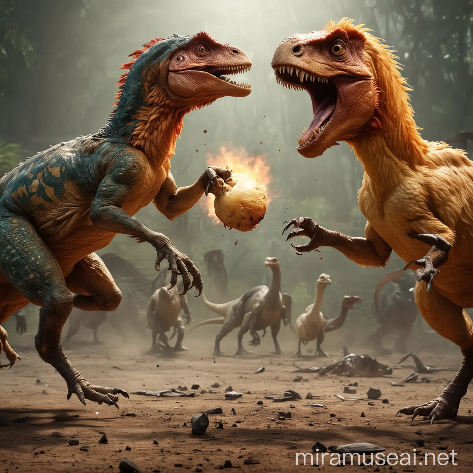 Epic Battle Chicken Confronts Dinosaur in a Mythical Showdown