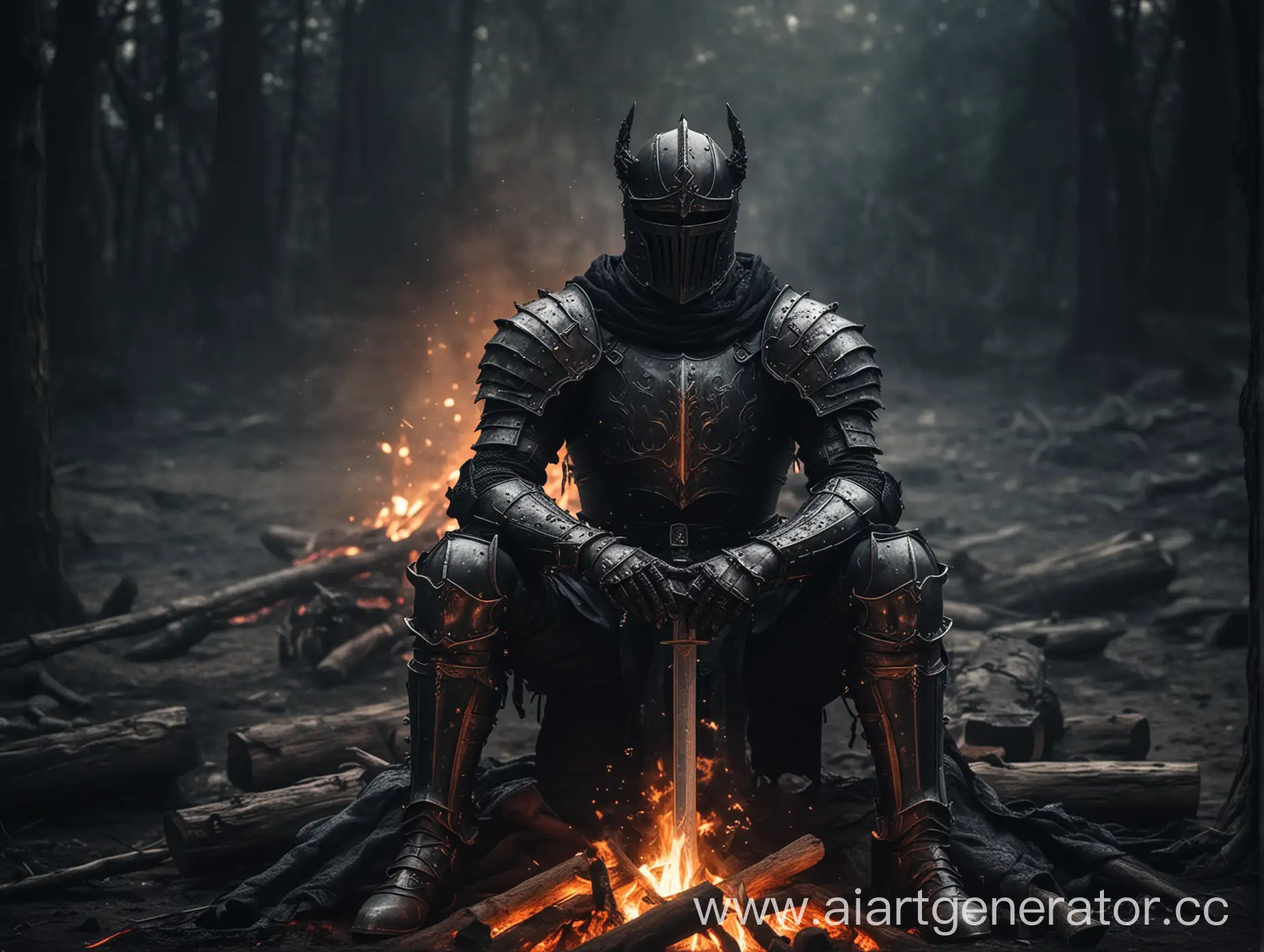 Угрюмый рыцарь в черных доспехах сидит рядом с костром, картинка в стиле тёмного фентези.