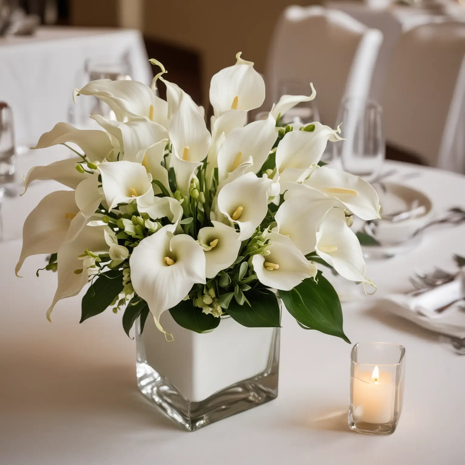 simple white wedding centerpiece with white square ceramic vase holding small bouquet of white calla lilies