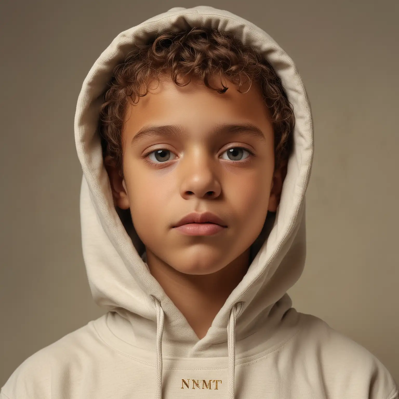 Portrait of a renaissance boy 
Met hoodie
Blauwe ogen 
age 10 looking straight into camera
Very light skin