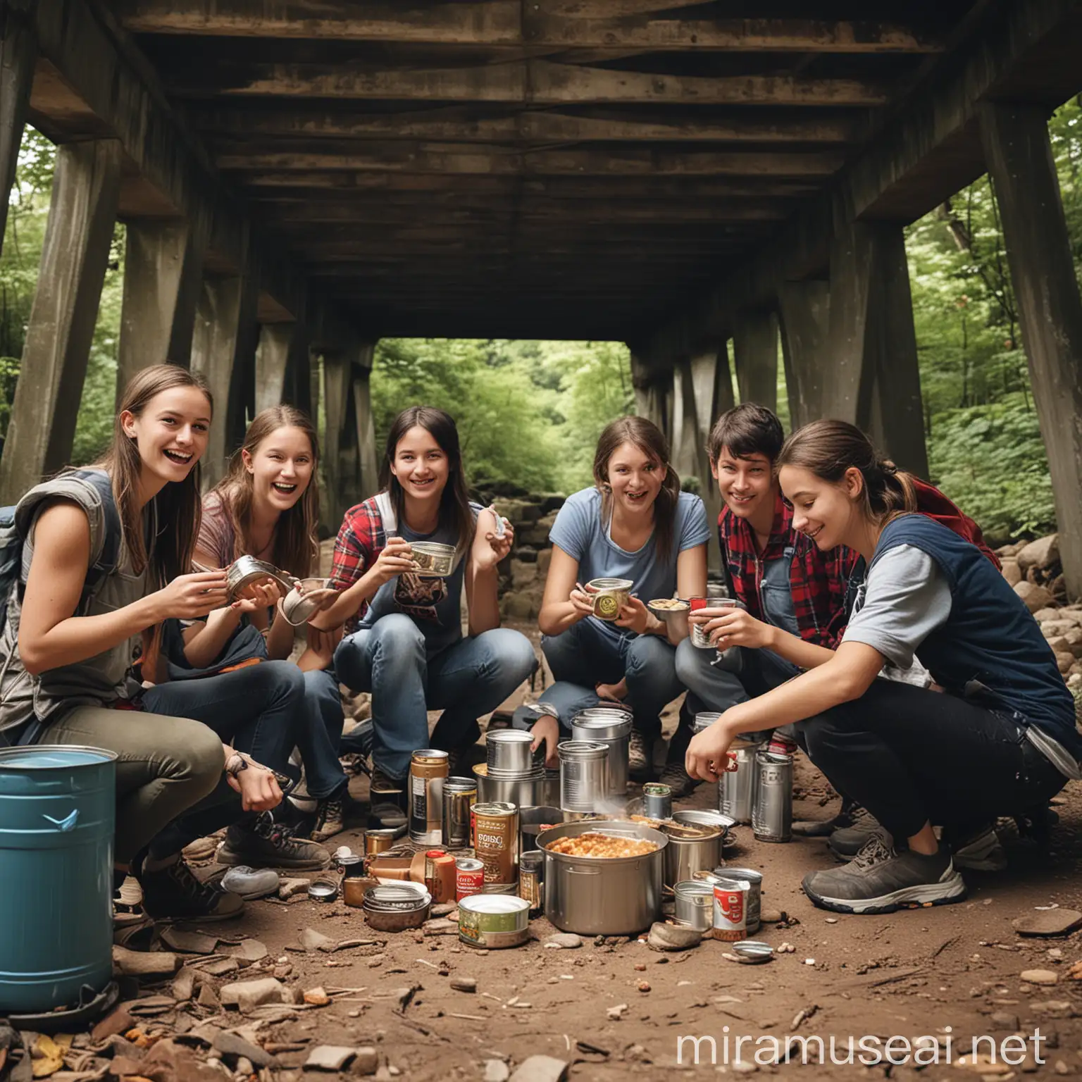 erstelle mir ein Bild von 7 Freunden, die unter einer Brücke campen und sich mit einem Campingkocher Dosenessen kochen