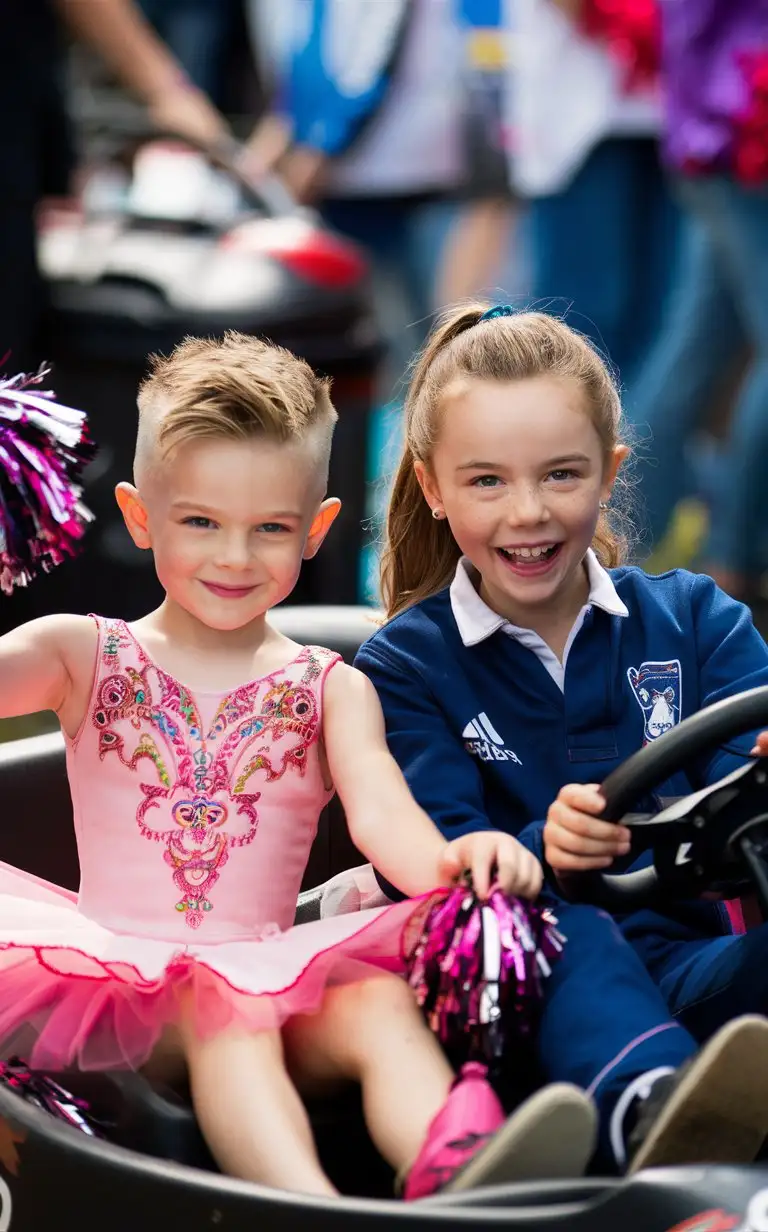 ((Gender role-reversal)), colourful Photograph a white skinned brother and sister, a cute little boy with short smart spiky blonde hair shaved on the sides age 6, and a cute girl with long hair in a ponytail age 9, they are sitting in a charity go kart event, the boy is wearing a ornate pink ballerina dress with a headband, while the girl is wearing a blue rugby suit, they are sitting next to each other in a go kart, the girl is driving holding the steering wheel, the boy is holding Pom-poms, cute smiles, adorable, perfect faces, perfect faces, clear faces, perfect eyes, perfect noses, smooth skin