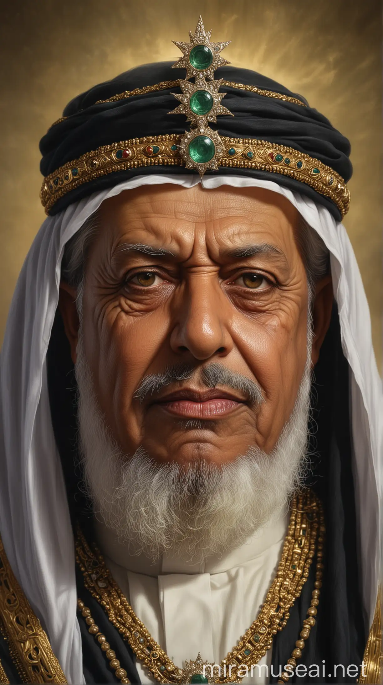 Hyper Realistic Portrait King Ismail Sharif with Piercing Gaze and Halo of Power