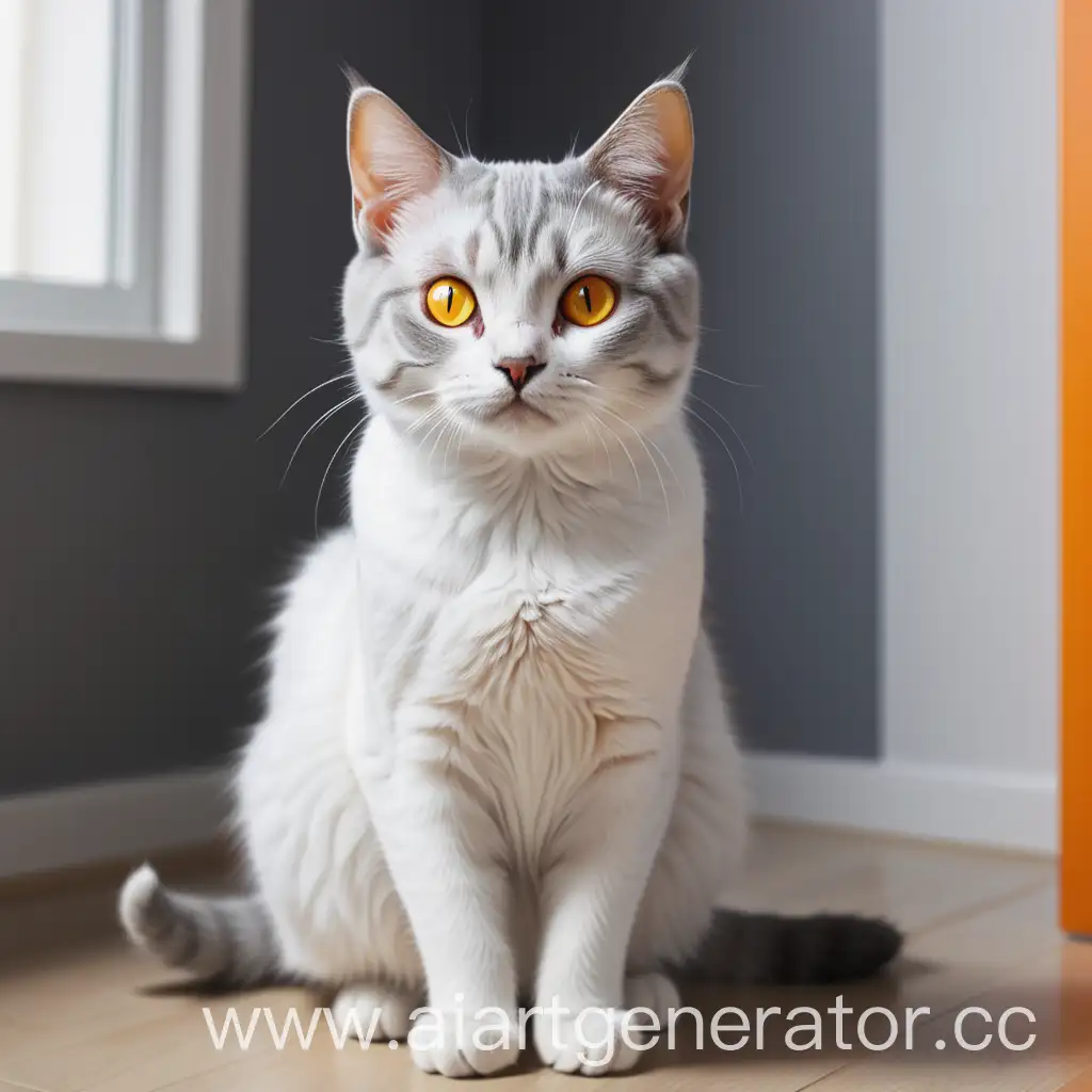 Adorable-Grey-and-White-Cat-with-OrangeYellow-Eyes-Sitting-and-Gazing