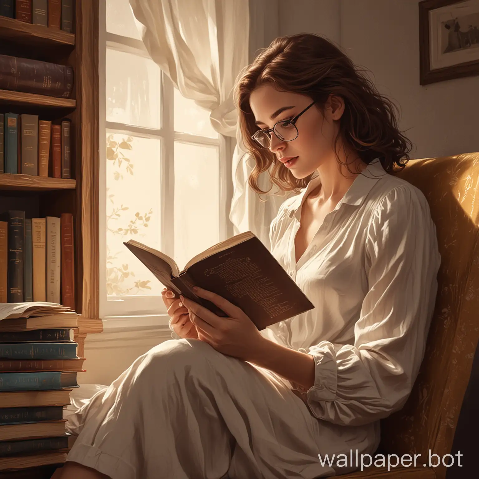 Woman-Engrossed-in-Reading-Book-in-Digital-Illustration