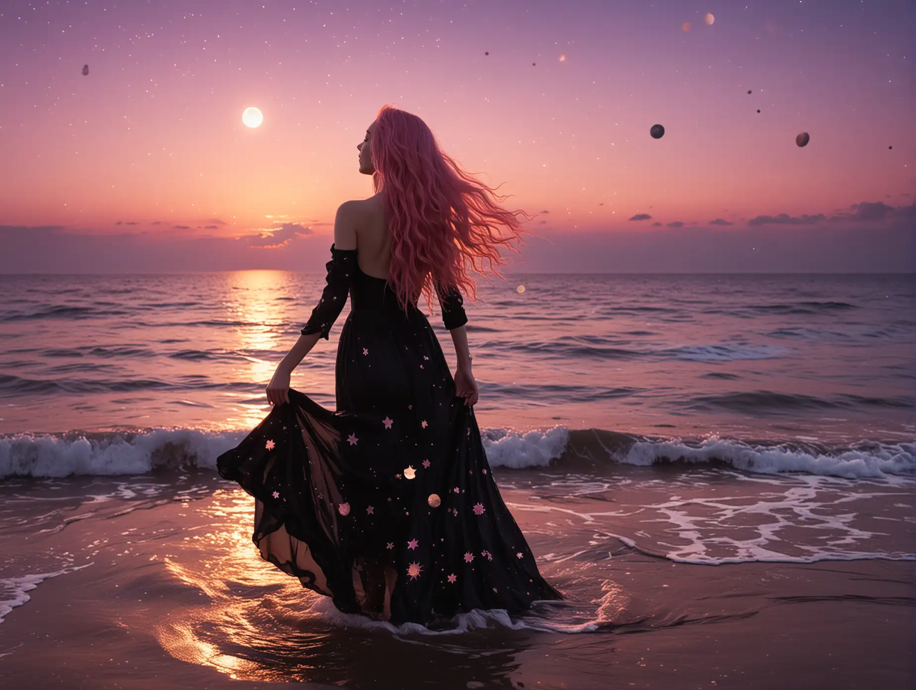 a woman standing in the sea at night time, she has very long pink wavy hair and is wearing a floaty black dress, the sun moon stars planets are bursting bright in the sunset pink purple peach sky above her head