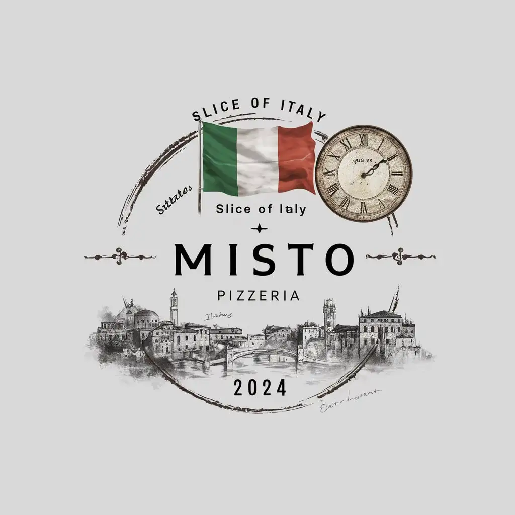 Misto Pizzeria, Minimalist, Emblem, Decorated , Italian colors , Foggy White background, EST 2024 , Italy flag , Antique, Slogan Slice of Italy , Sketched Italian City, Ornament, Rustic, white foggy atmosphere