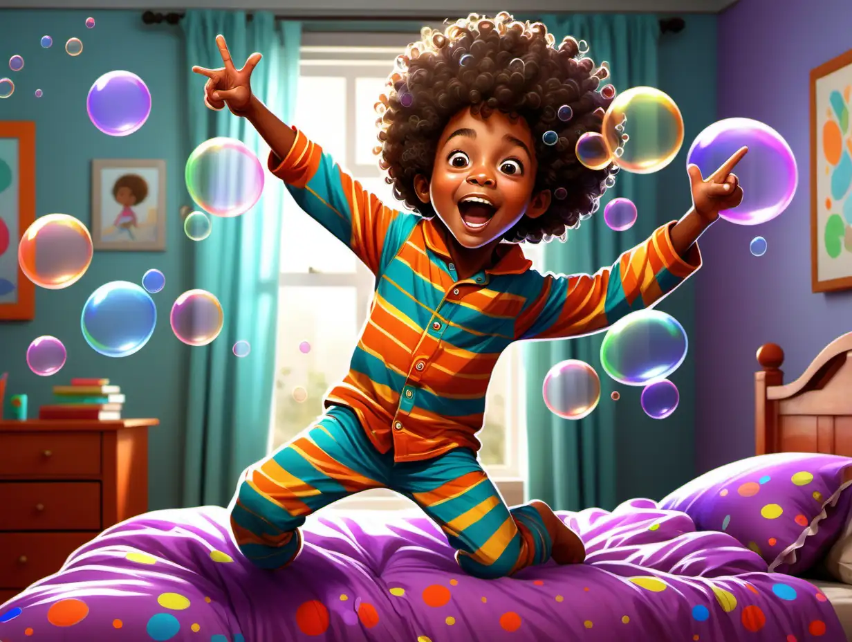 Cartoon joyful African American little boy, around 6 years old, with a big curly afro, wearing colorful pajamas. He is jumping on a cozy bed in a playful, brightly colored bedroom. The boy is pointing excitedly at large, transparent bubbles floating around the room