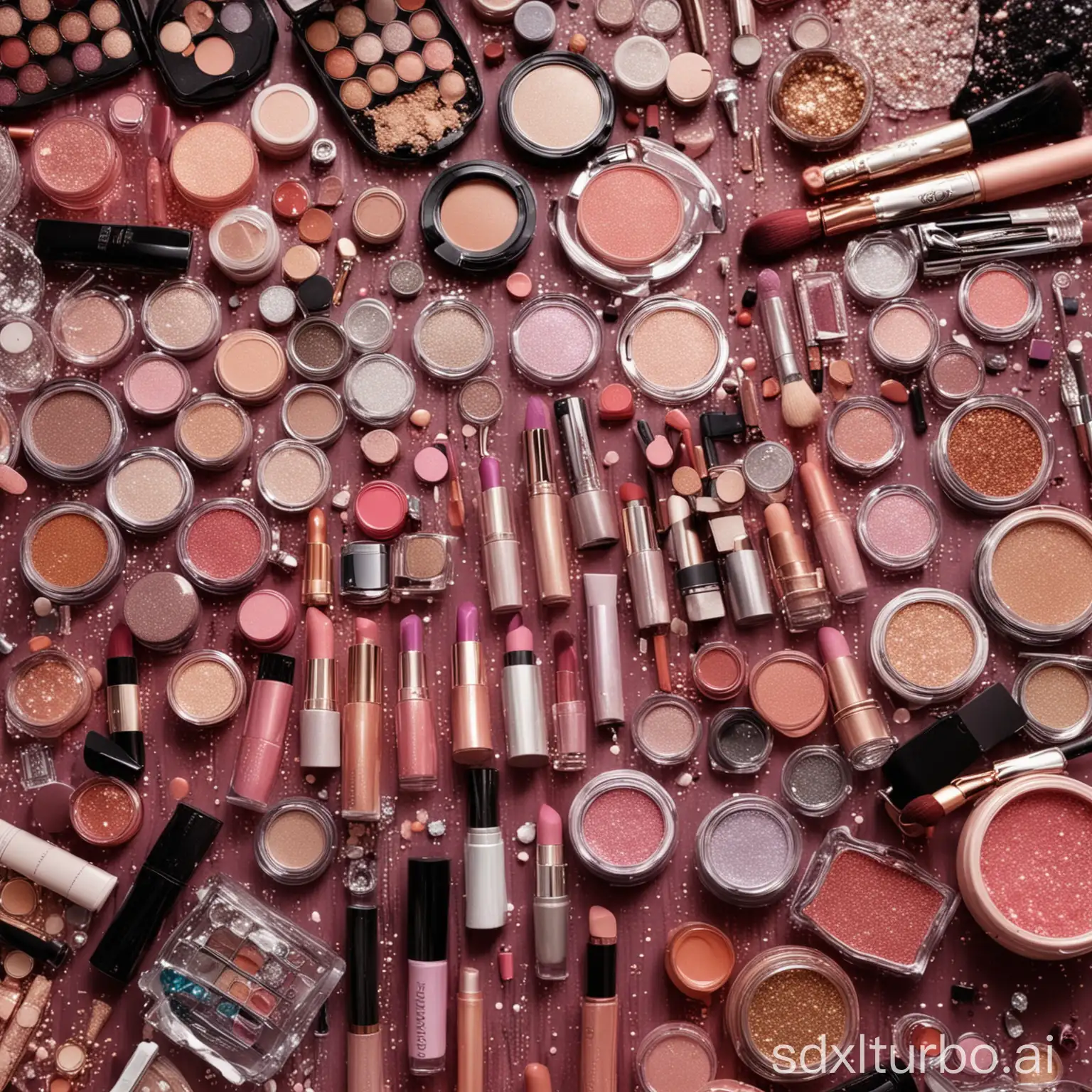 A variety of makeup products and glitters are arranged on a table. The products are in a variety of colors and shapes.