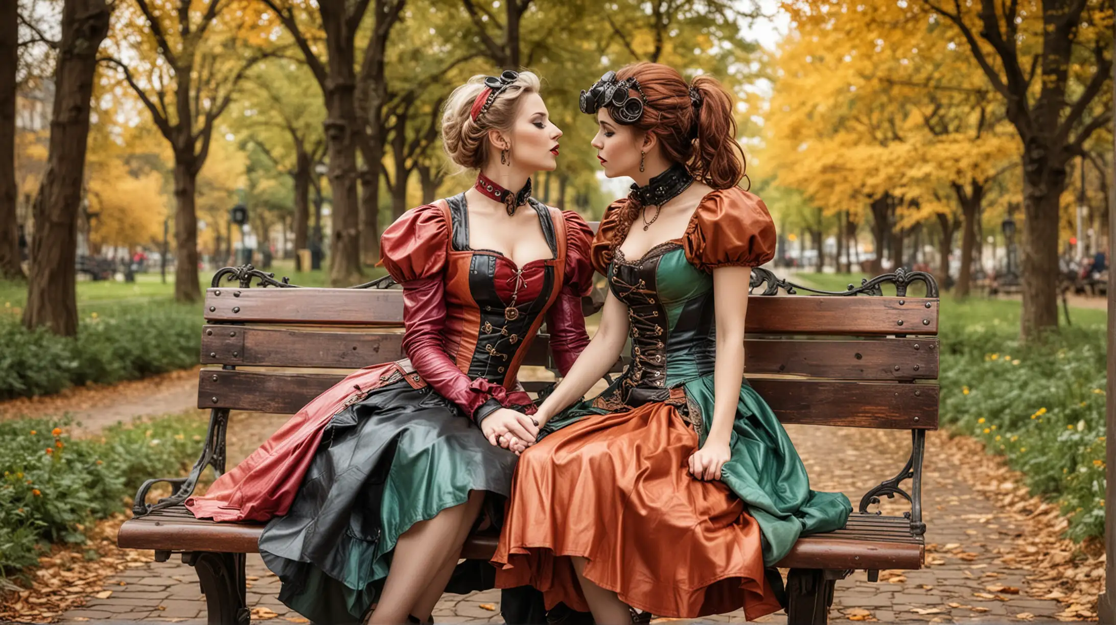 Steampunk Women Kissing on Park Bench