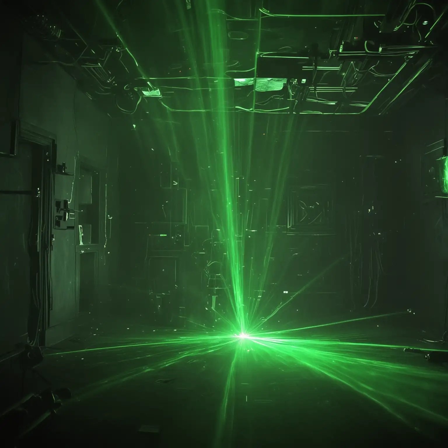 green laser, black room, haze smoke