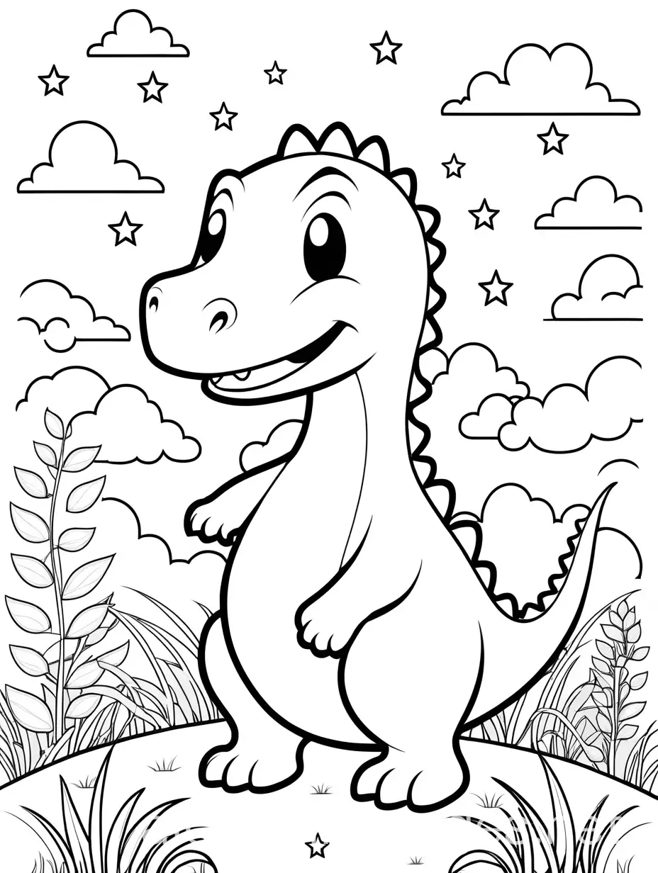 a cute dinosaur around grass, clouds, tree, stars, black and white outlined vector no text, no shadow, no any color , Coloring Page, black and white, line art, white background, Simplicity, Ample White Space