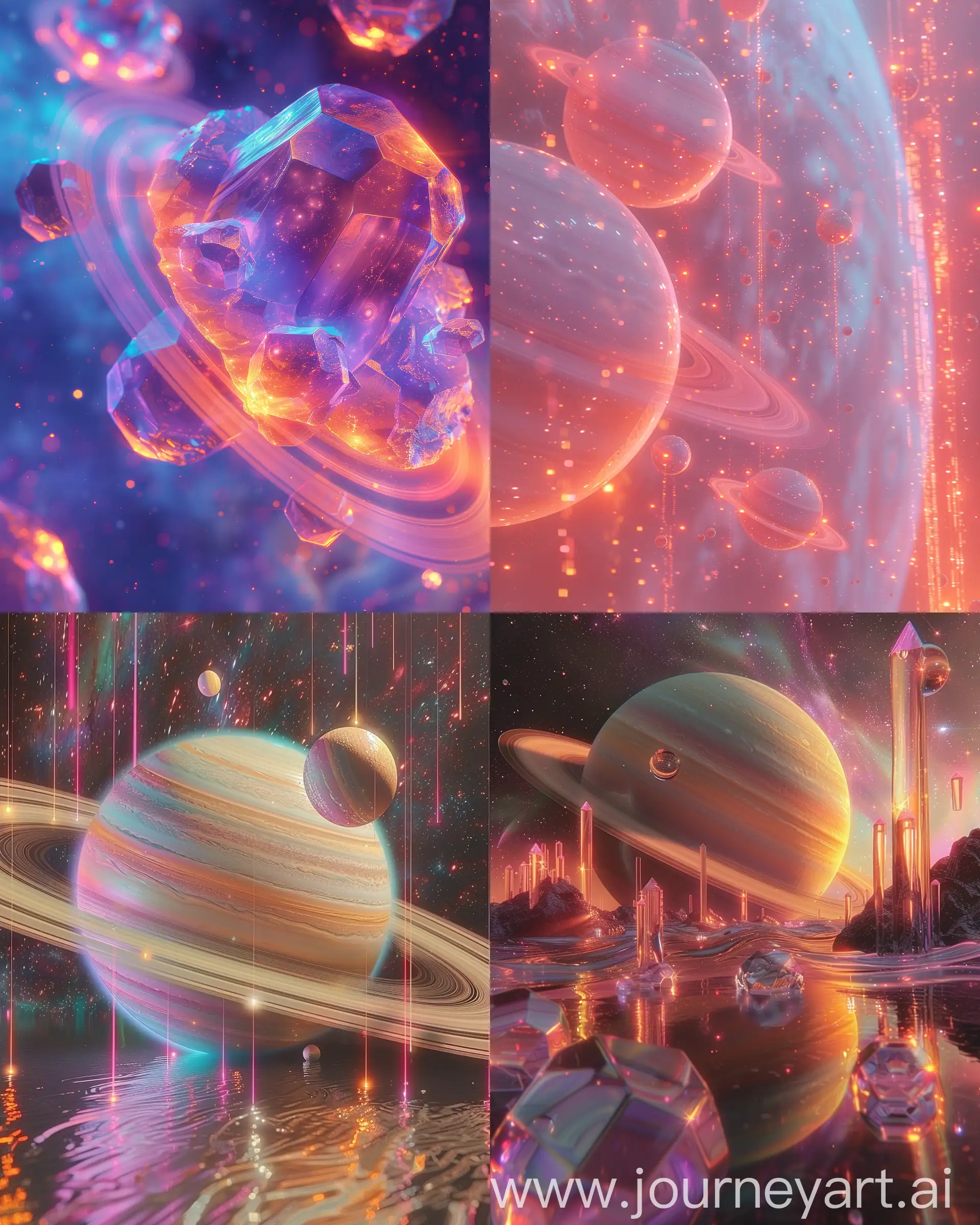 !mid Saturn as seen through the lens of vaporwave aesthetics, multiple perspectives showcasing rings and moons, vibrant pastel color palette, 80s retro futurism, floating geometric shapes, neon glows, synthwave soundtrack visualized, high detail --ar 4:5 --s 700 --c 15 --relax --v 6