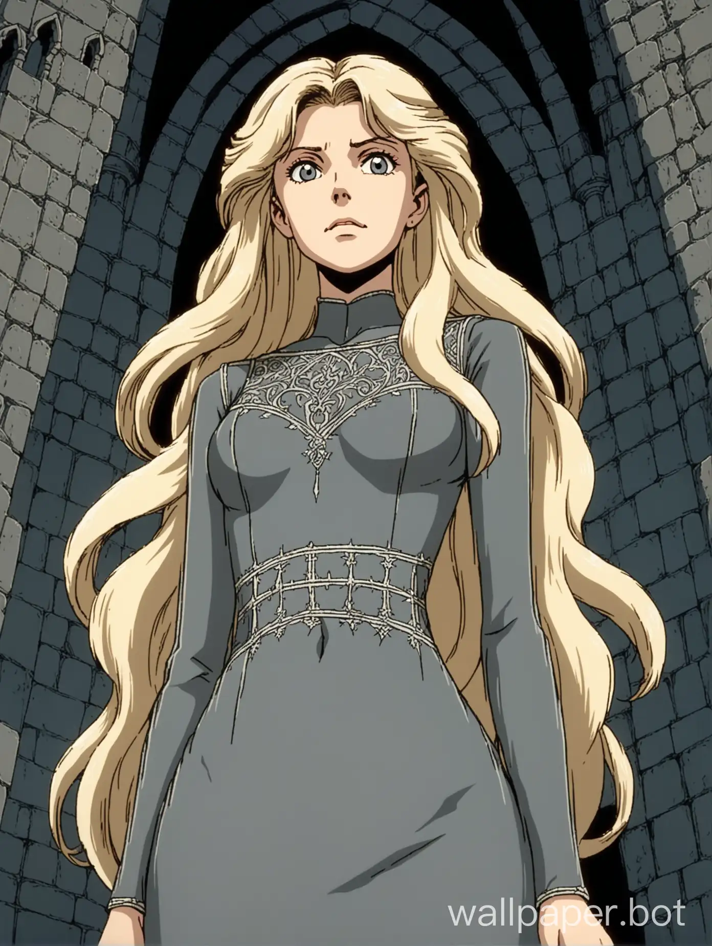 view from below, portrait of a young and attractive white woman, she has long wavy white-blonde hair, standing regally, elegant and slender, thin sharp face, kind and sullen expression, wearing a sheer thin dark grey skintight dress, decorative stitching, medieval elegance, 1980s retro anime, castle interior