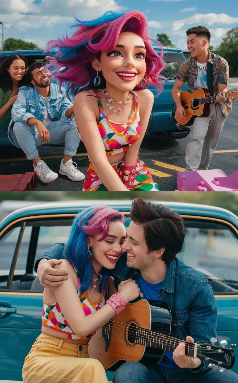 Bright-Girl-with-Friends-Listening-to-Music-in-Parking-Lot