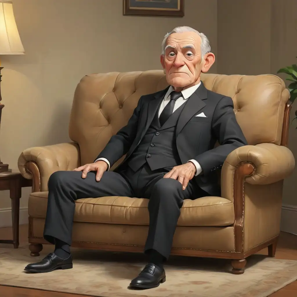 в полный рост мультяшный 80 летний мужчина в черном костюме  сидит на диване в костюме в полный рост с небольшой эрекцией 